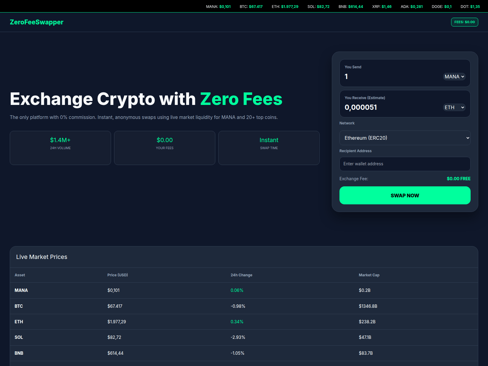 Screenshot of zerofeeswap.sbs