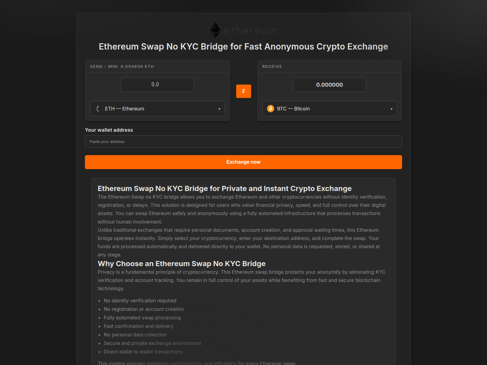 Screenshot of e-no-kyc-swap.com