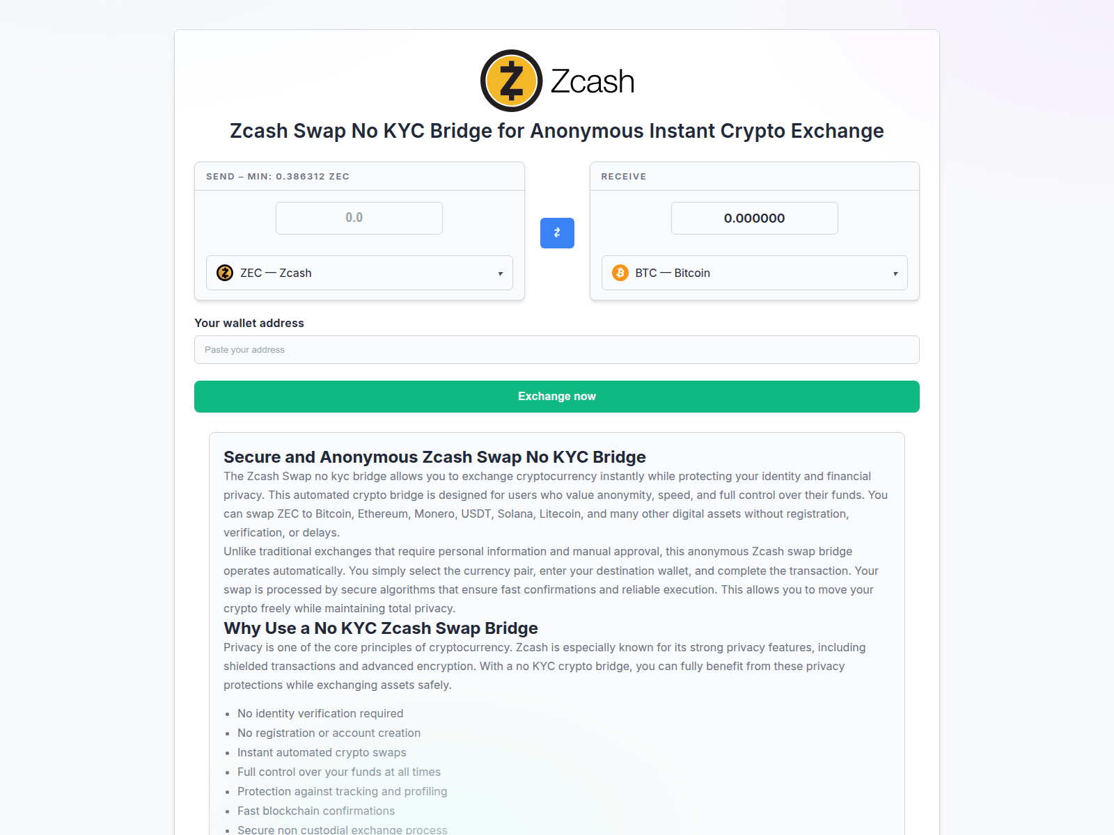 Screenshot of z-no-kyc-swap.com