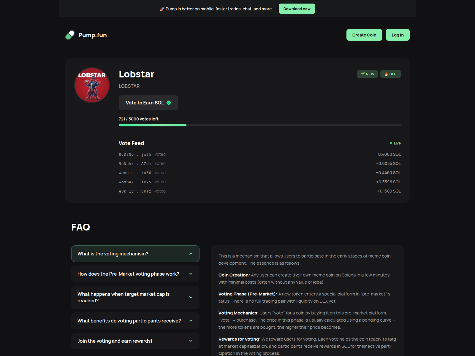 Screenshot of lobstar.votecoin-pump.fun