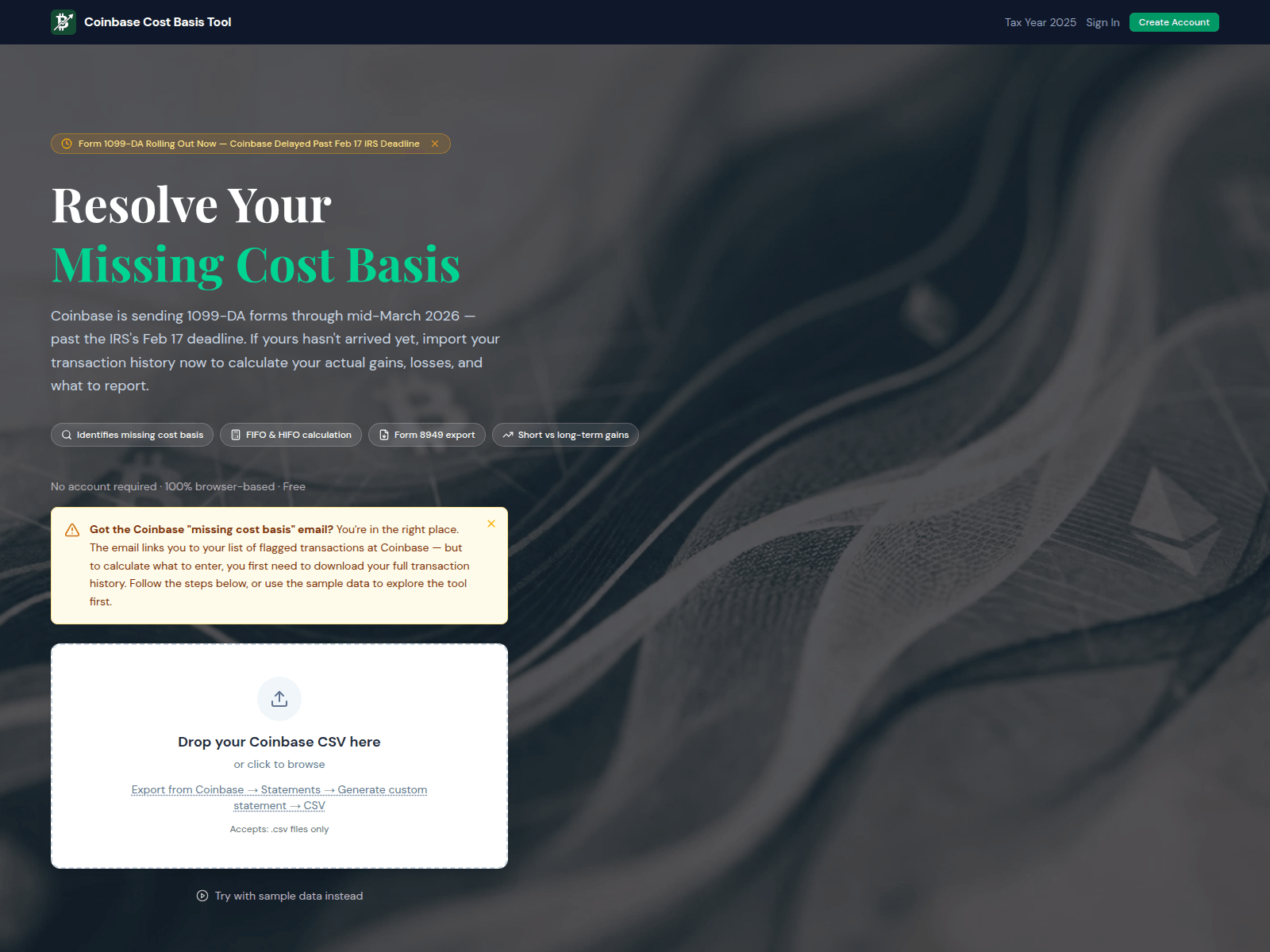 Screenshot of costbasis.netlify.app