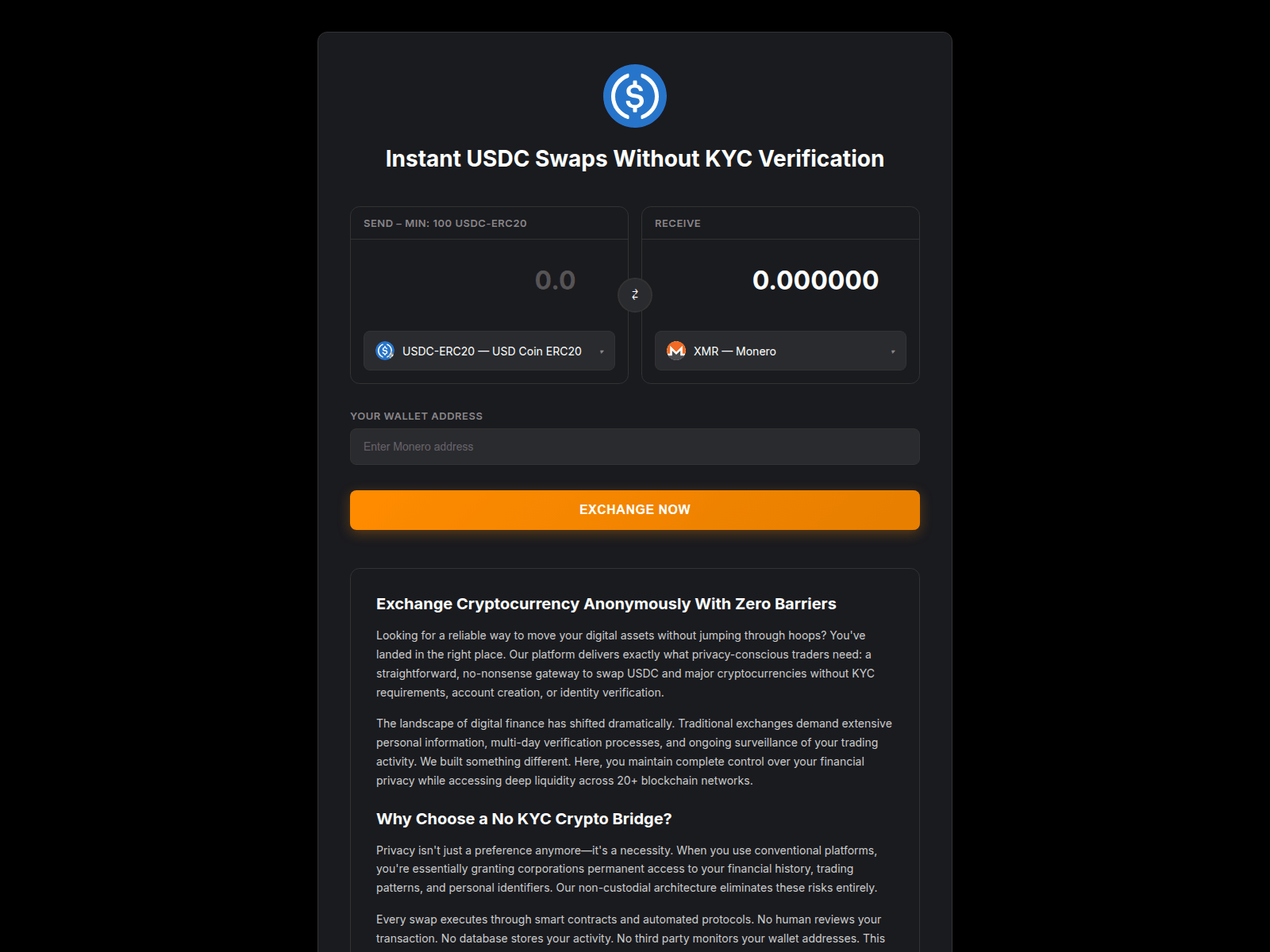 Screenshot of no-kyc-swap-u.com