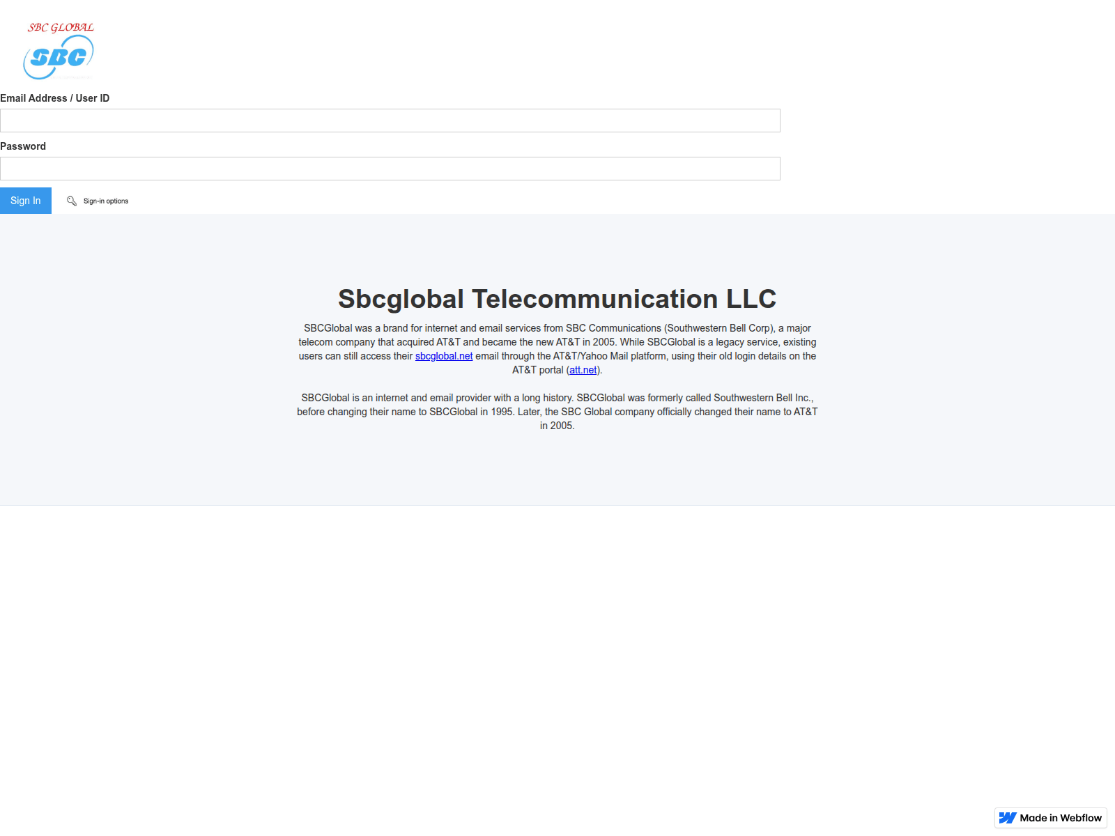 Screenshot of sbcglobal-att-signing-7ebc02.webflow.io