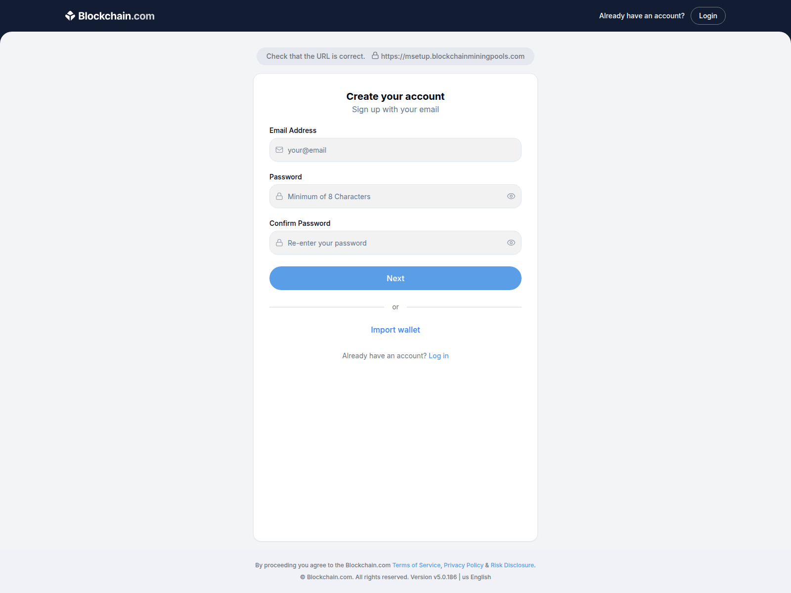 Screenshot of msetup.blockchainminingpools.com