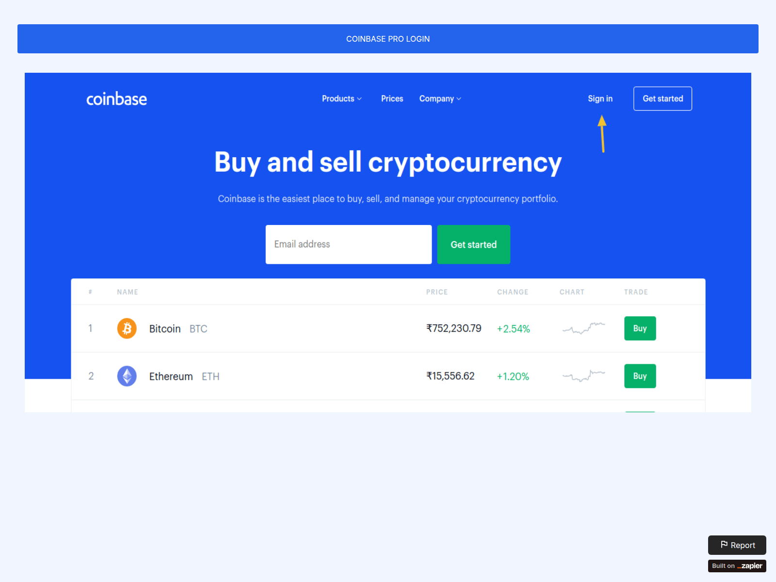 Screenshot of page-setup-coins.zapier.app