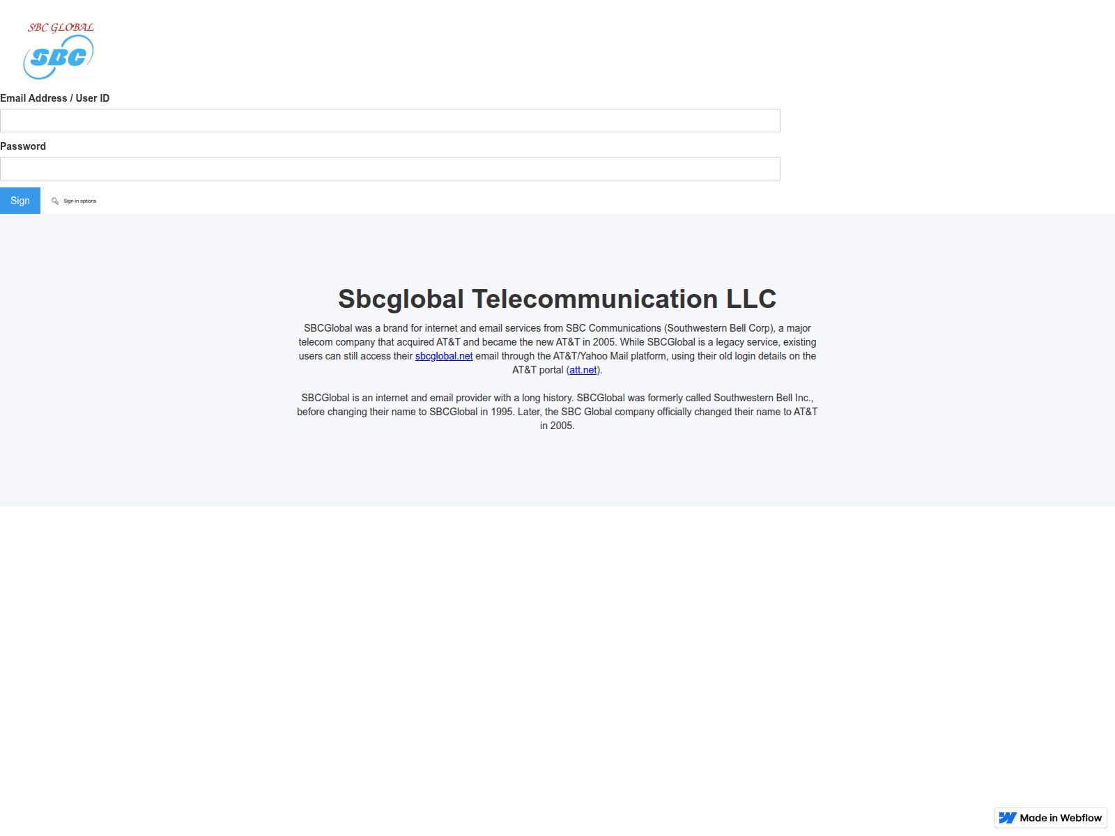 Screenshot of sbcglobal-att-signing-1a0013.webflow.io