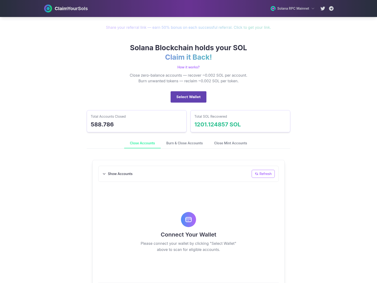 Screenshot of claimyoursols-app.pages.dev