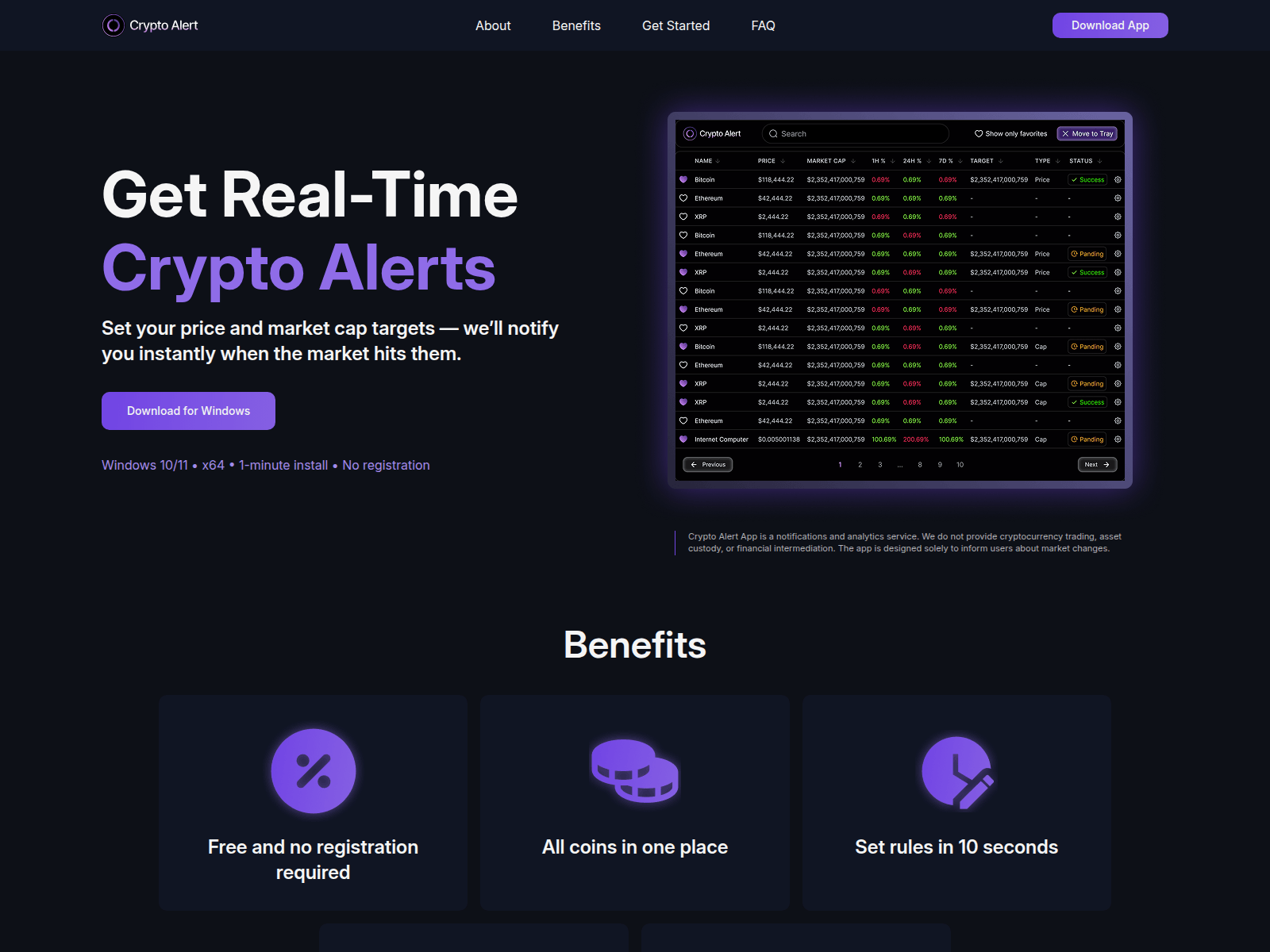 Screenshot of cryptoalertapp.com