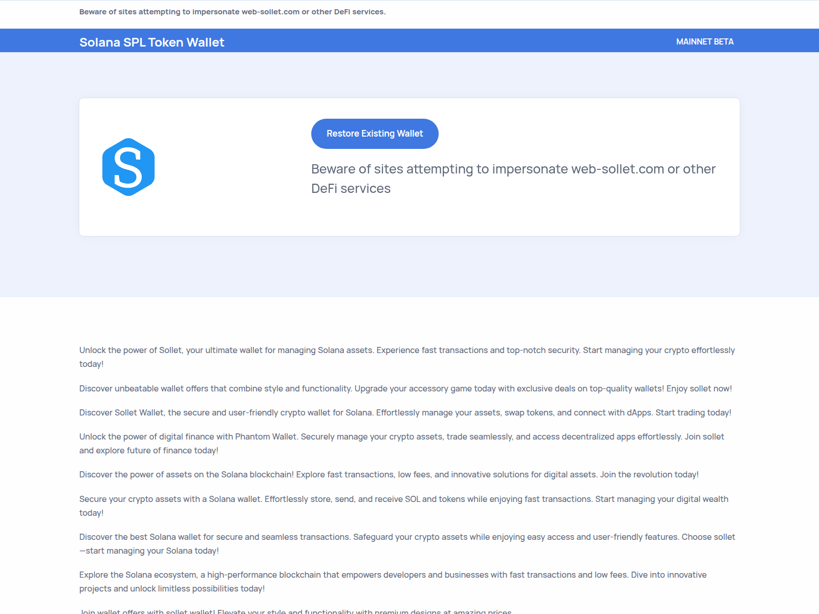 Screenshot of sollet-wallet.io