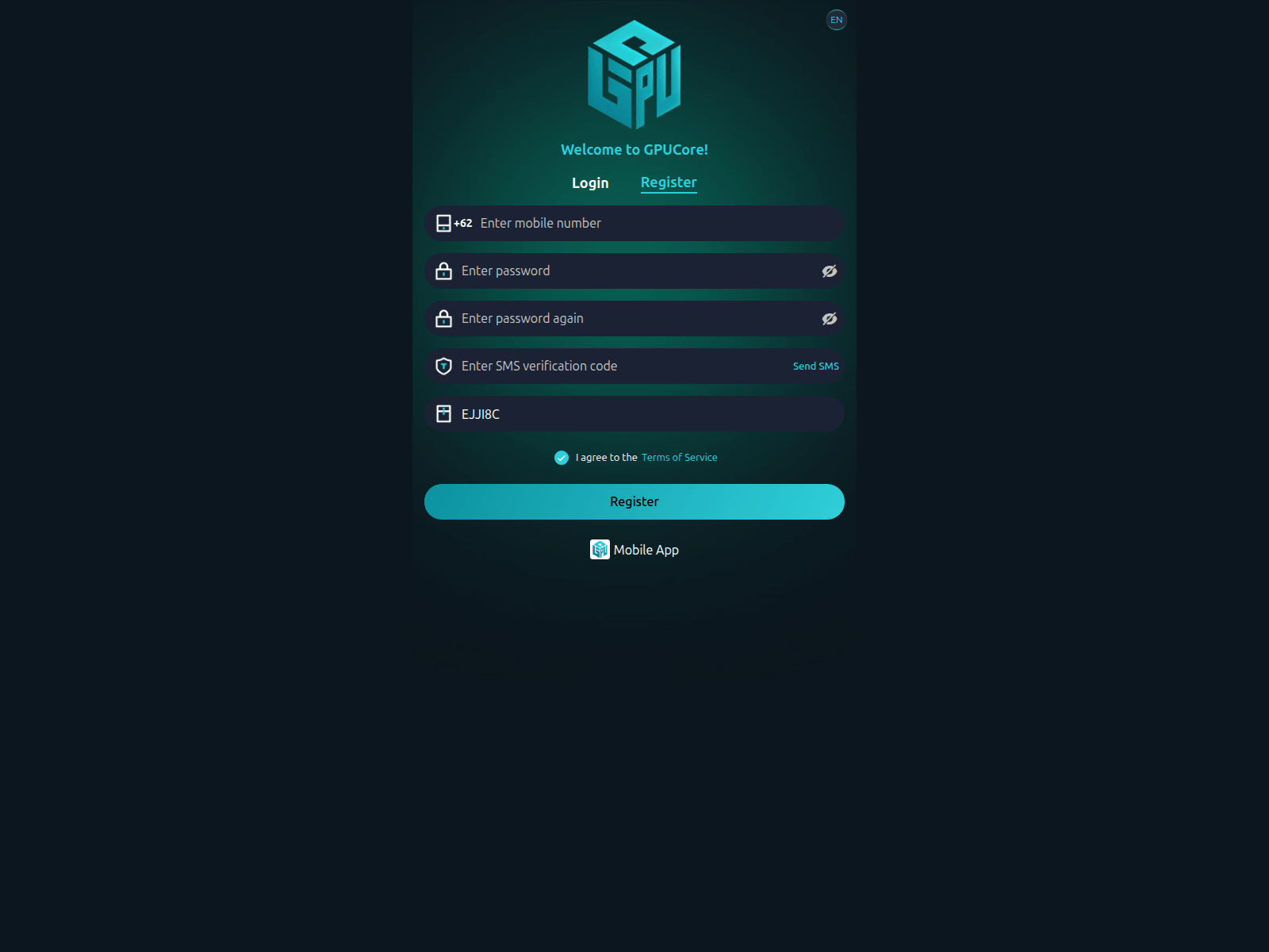 Screenshot of app.gpucore.com