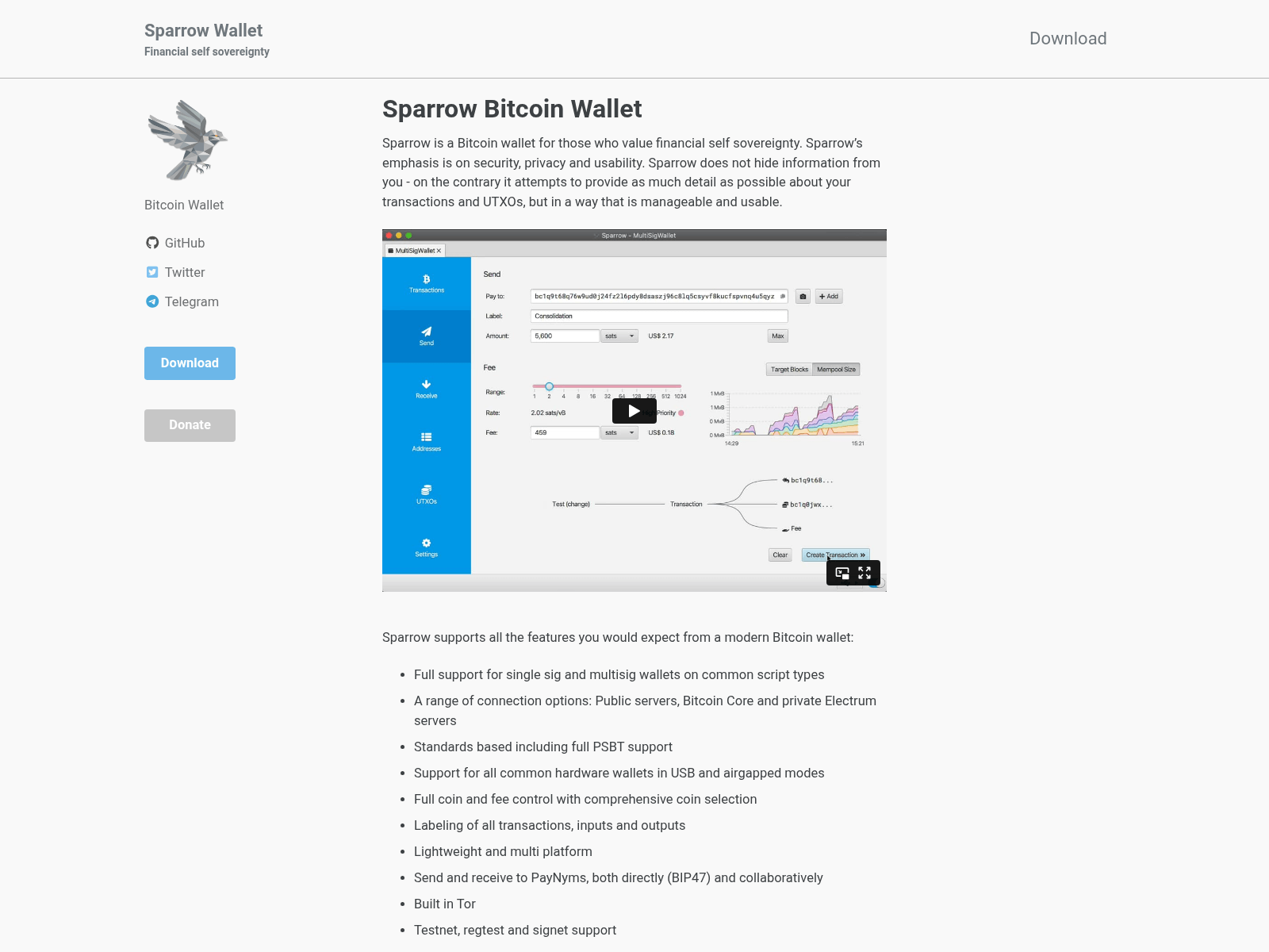 Screenshot of sparrowwallet.app