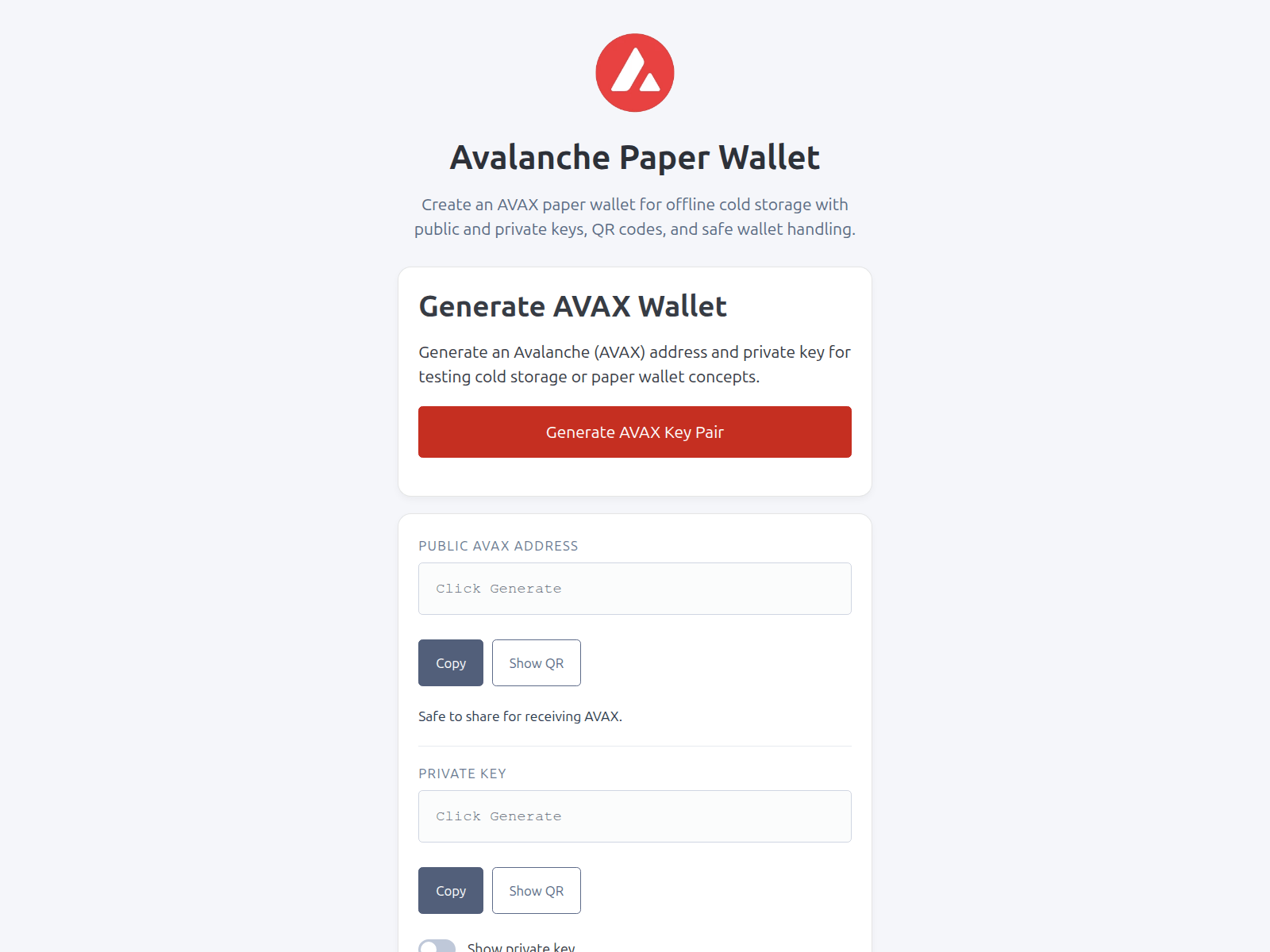 Screenshot of avaxpaperwallet.com