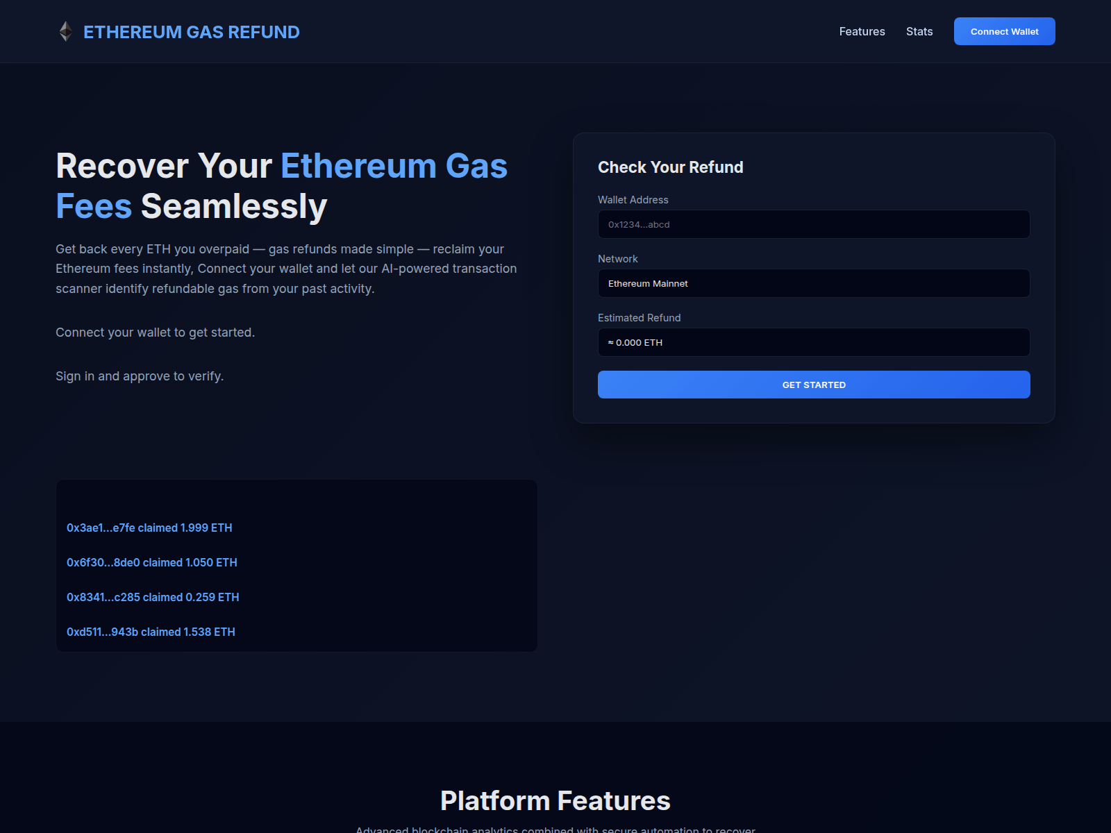 Screenshot of ethergasrefund.xyz