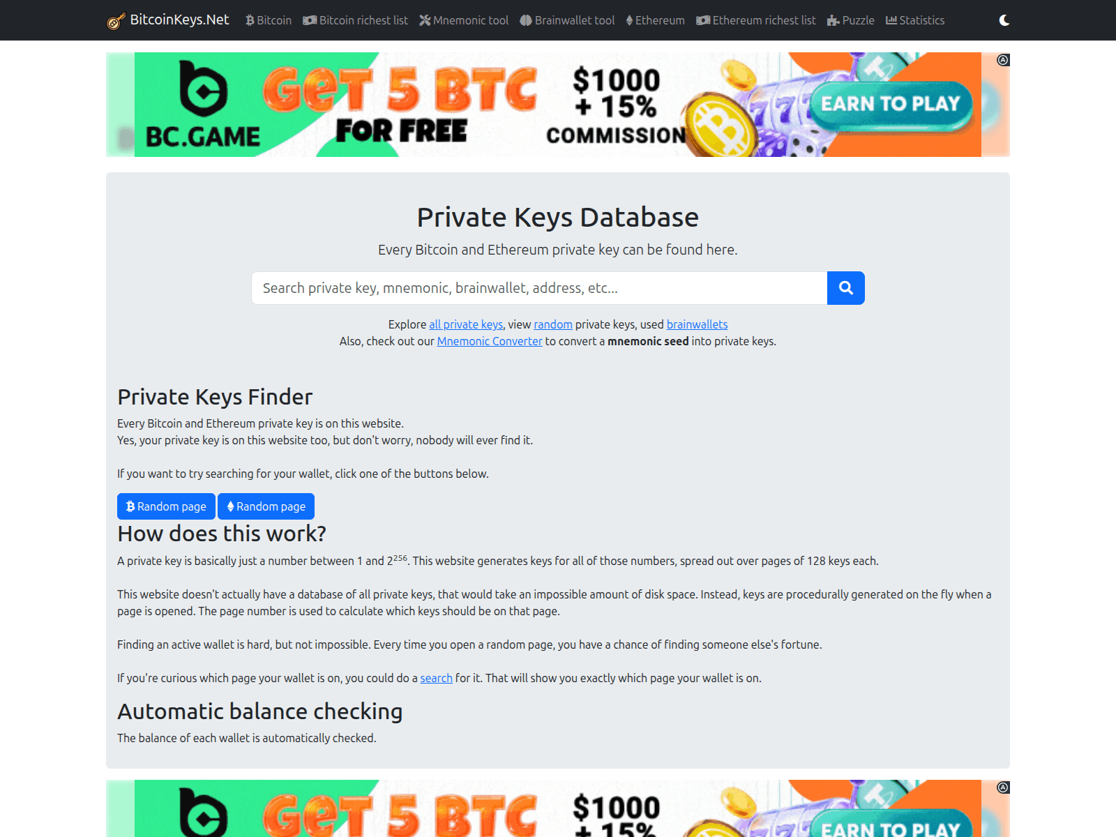 Screenshot of bitcoinkeys.net