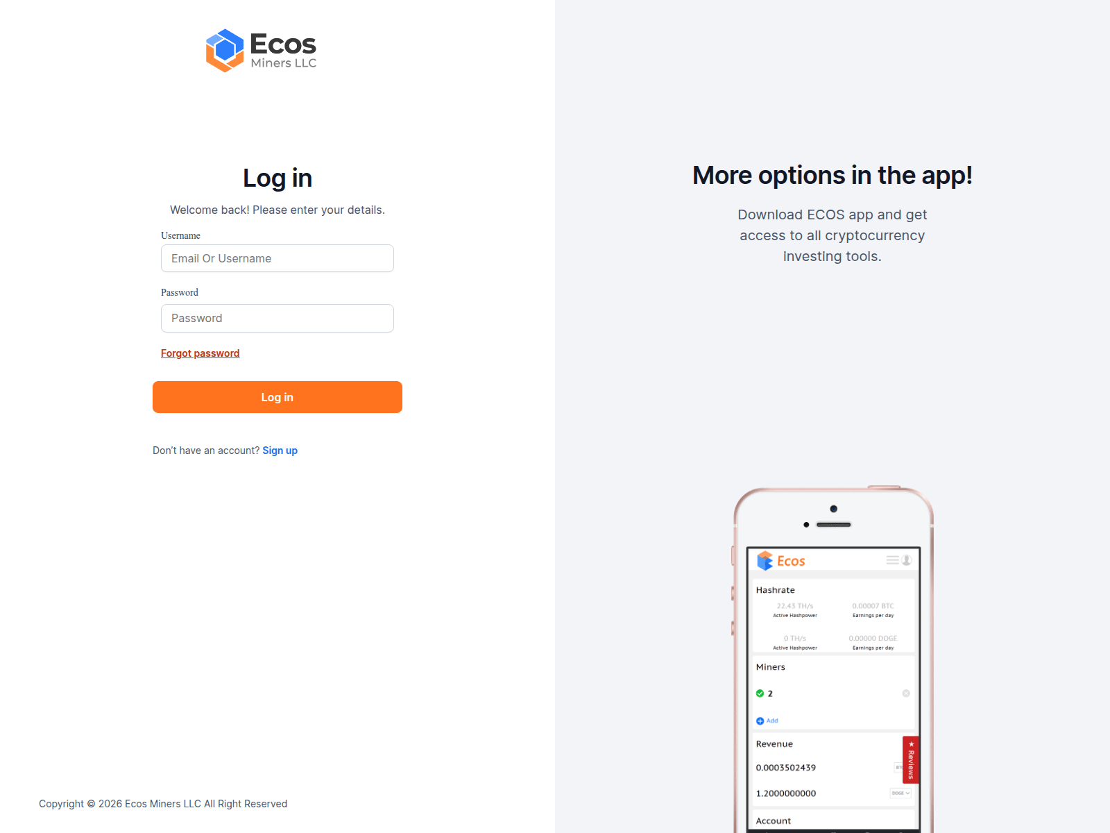 Screenshot of user.ecosminers.net