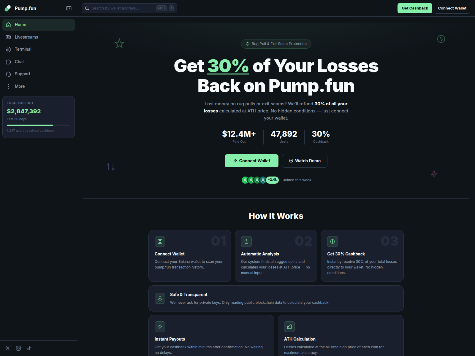 Forensic screenshot of rug-cashback.live