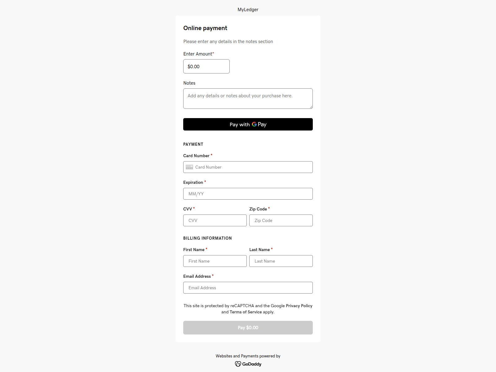 Screenshot of pay.myledgerwallet.com