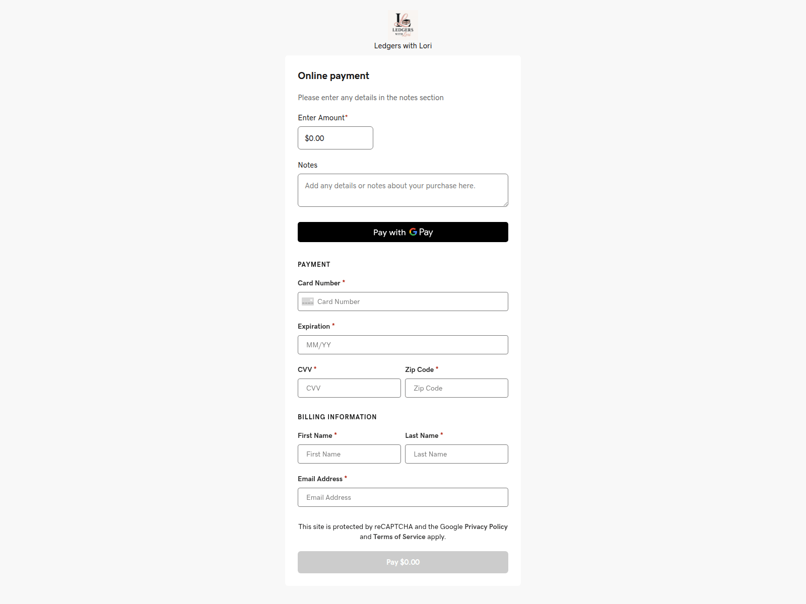 Screenshot of pay.ledgerswithlori.com