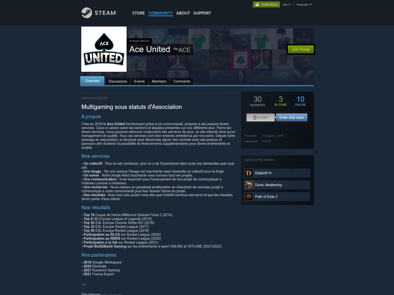 Screenshot of steam.aceunited.fr