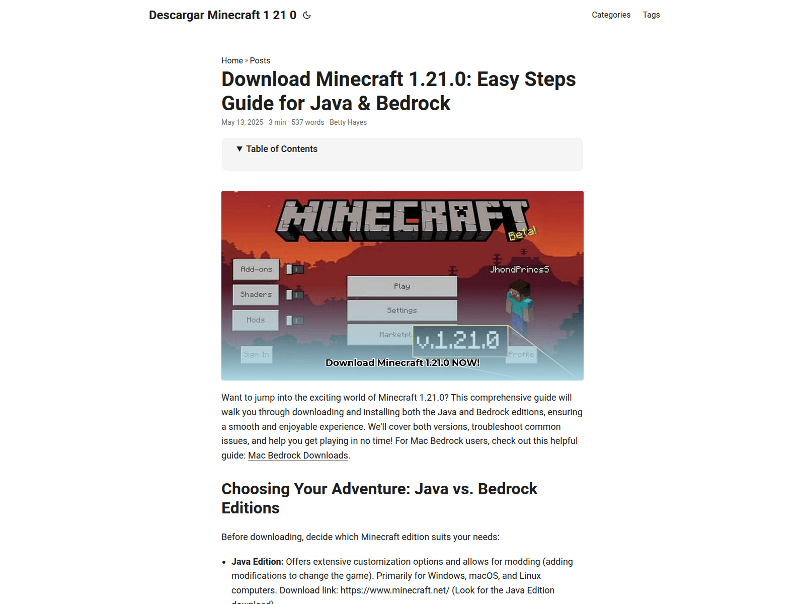 Forensic screenshot of descargar-minecraft-1-21-0.pages.dev