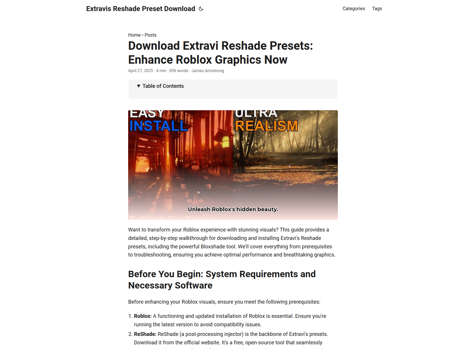 Forensic screenshot of extravis-reshade-preset-download.pages.dev