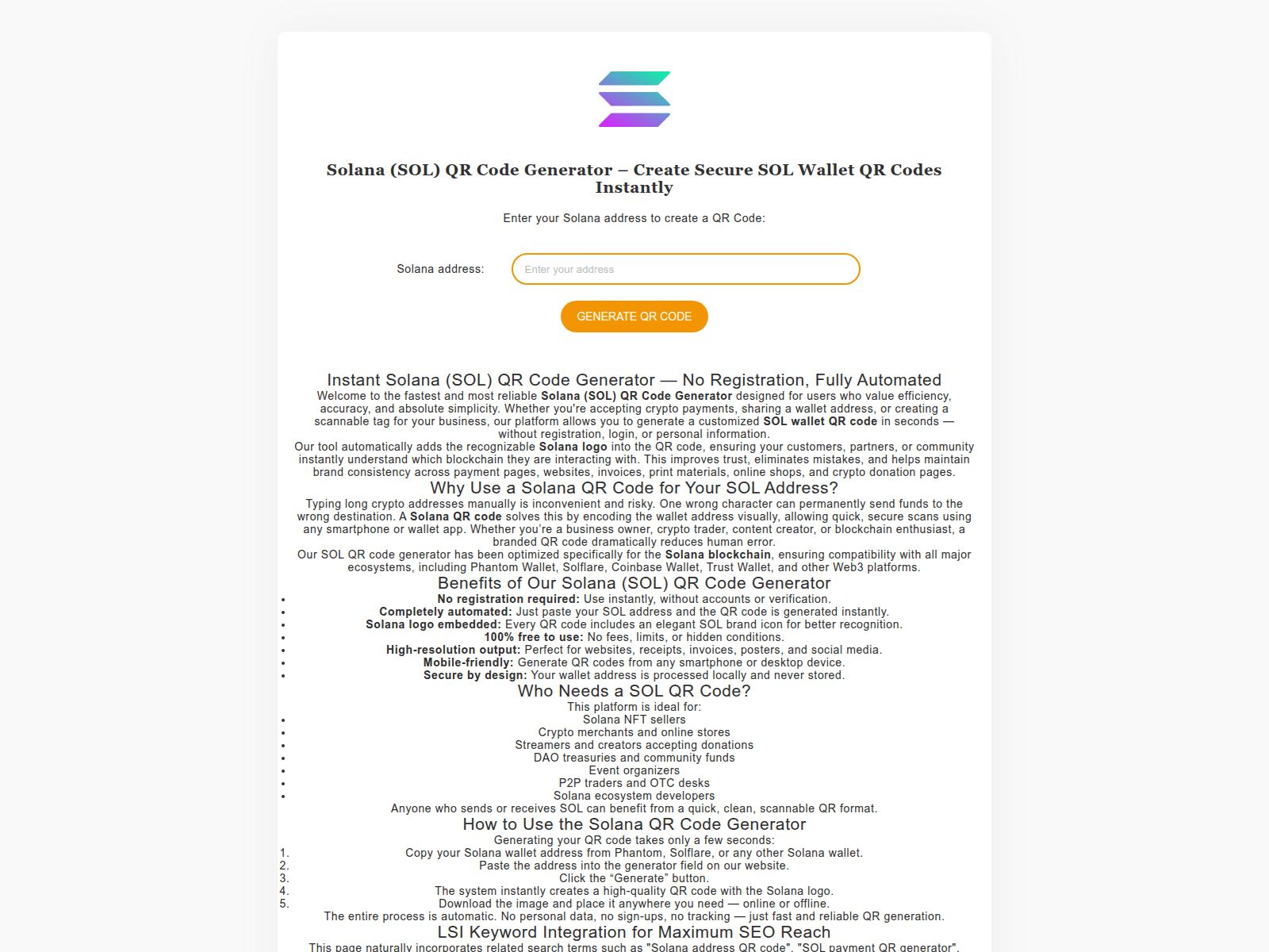 Знімок екрана solana-qr-code.com