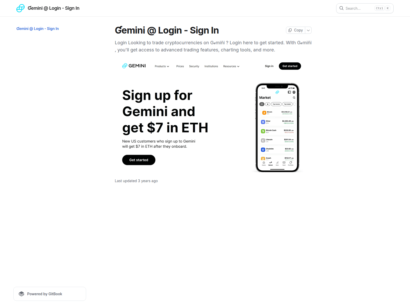 Forensic screenshot of geminiyelogin.gitbook.io