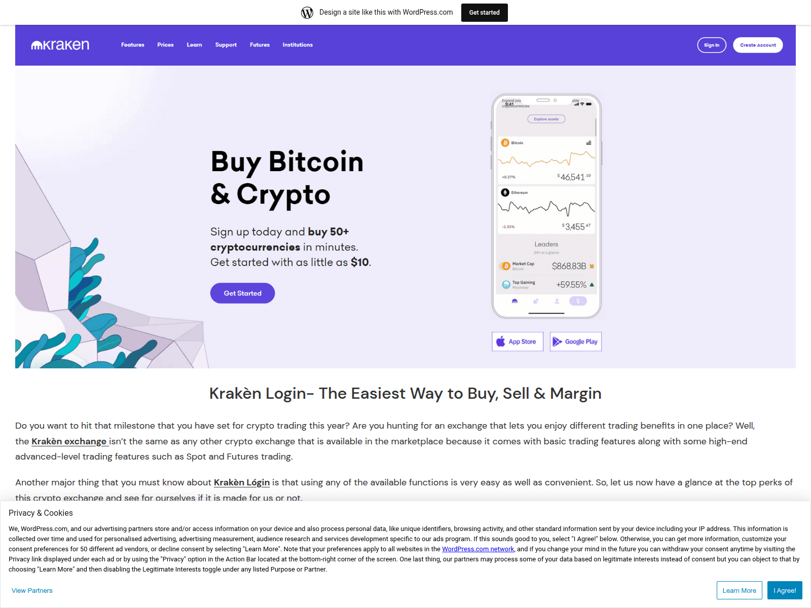 Forensic screenshot of mykrkenlogin.wordpress.com