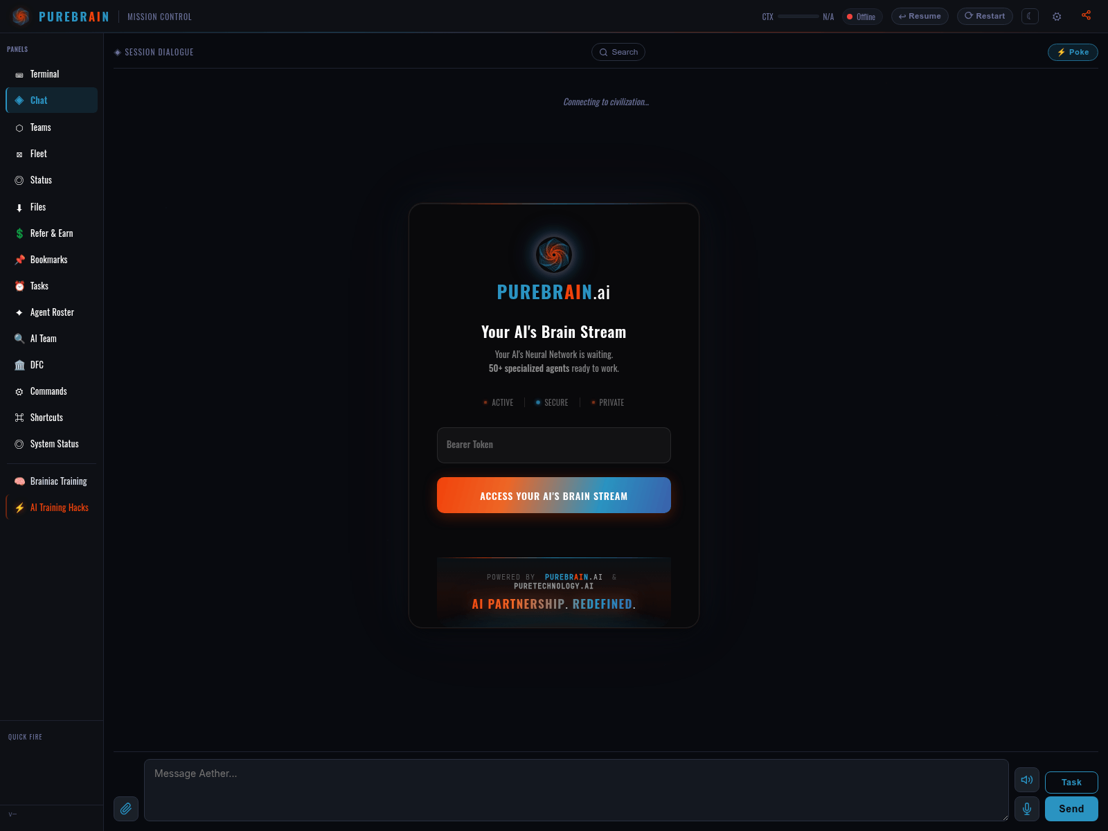 Forensic screenshot of tethermelanie.app.purebrain.ai
