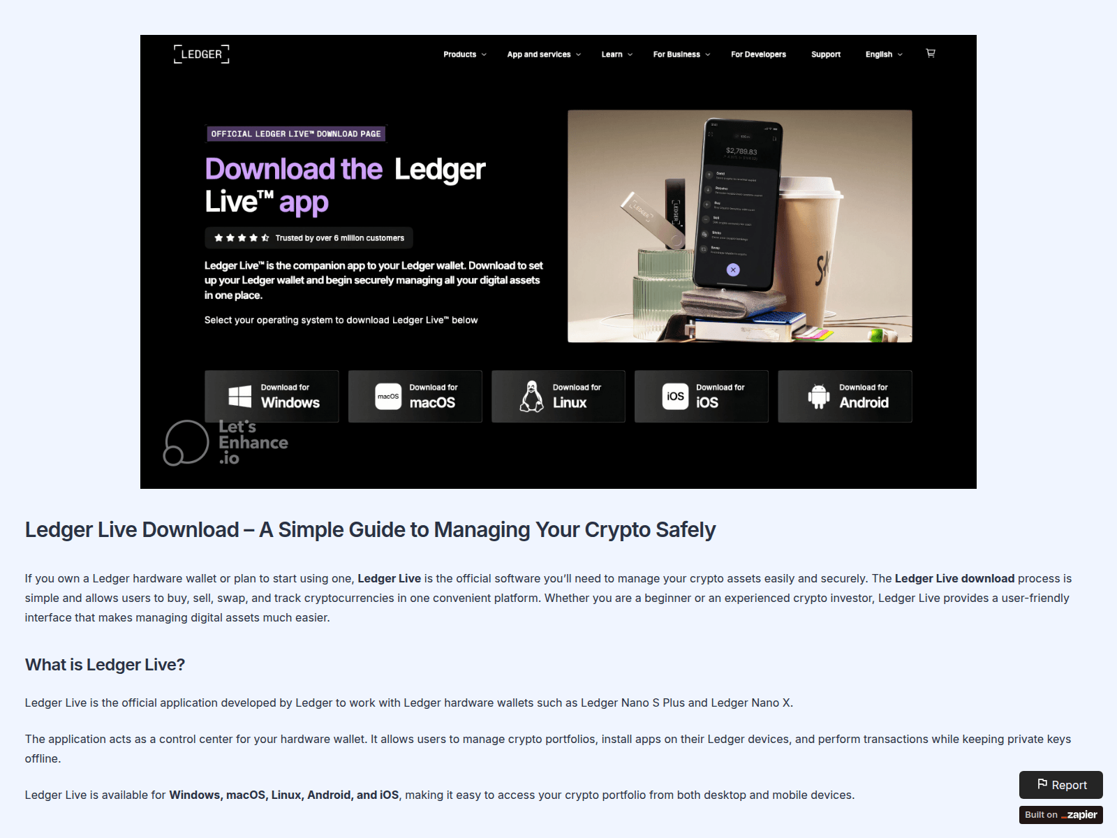 Forensic screenshot of hubed-ledggerlive.zapier.app