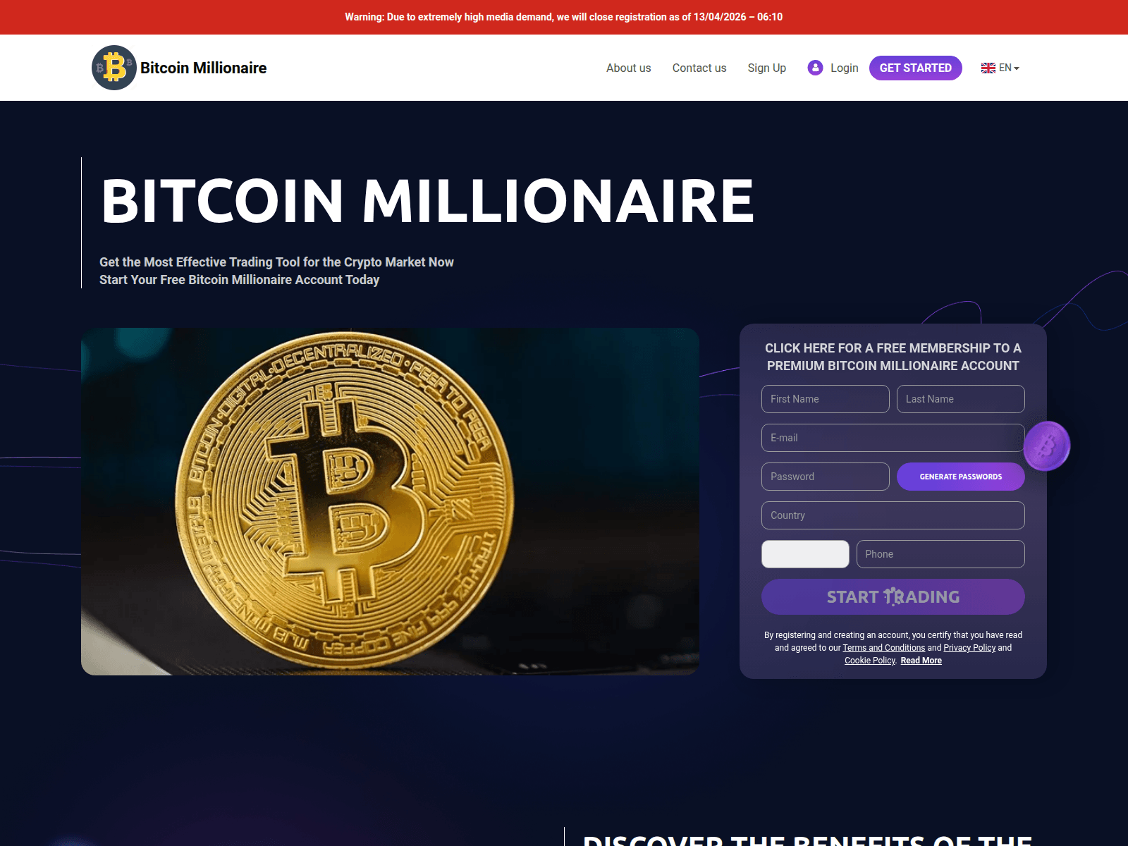 Forensic screenshot of the-bitcoin-millionaireapp.trackfinanceworld.com showing the phishing page layout