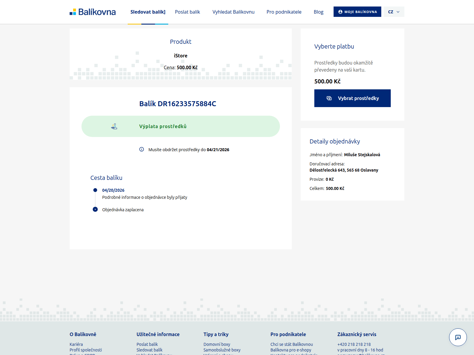 Screenshot of balikovna.order0159566.shop