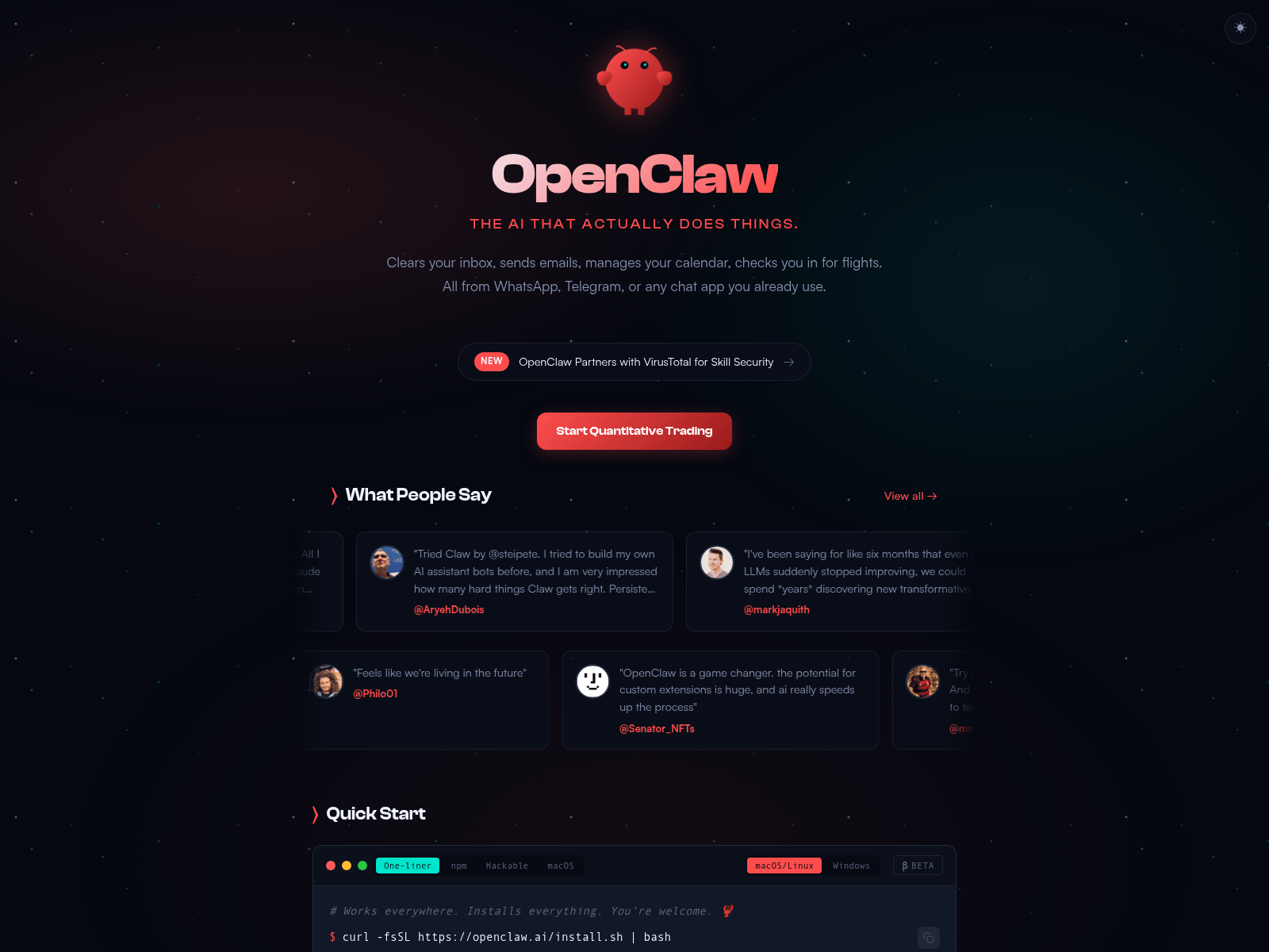 Screenshot von openclawquant.ai