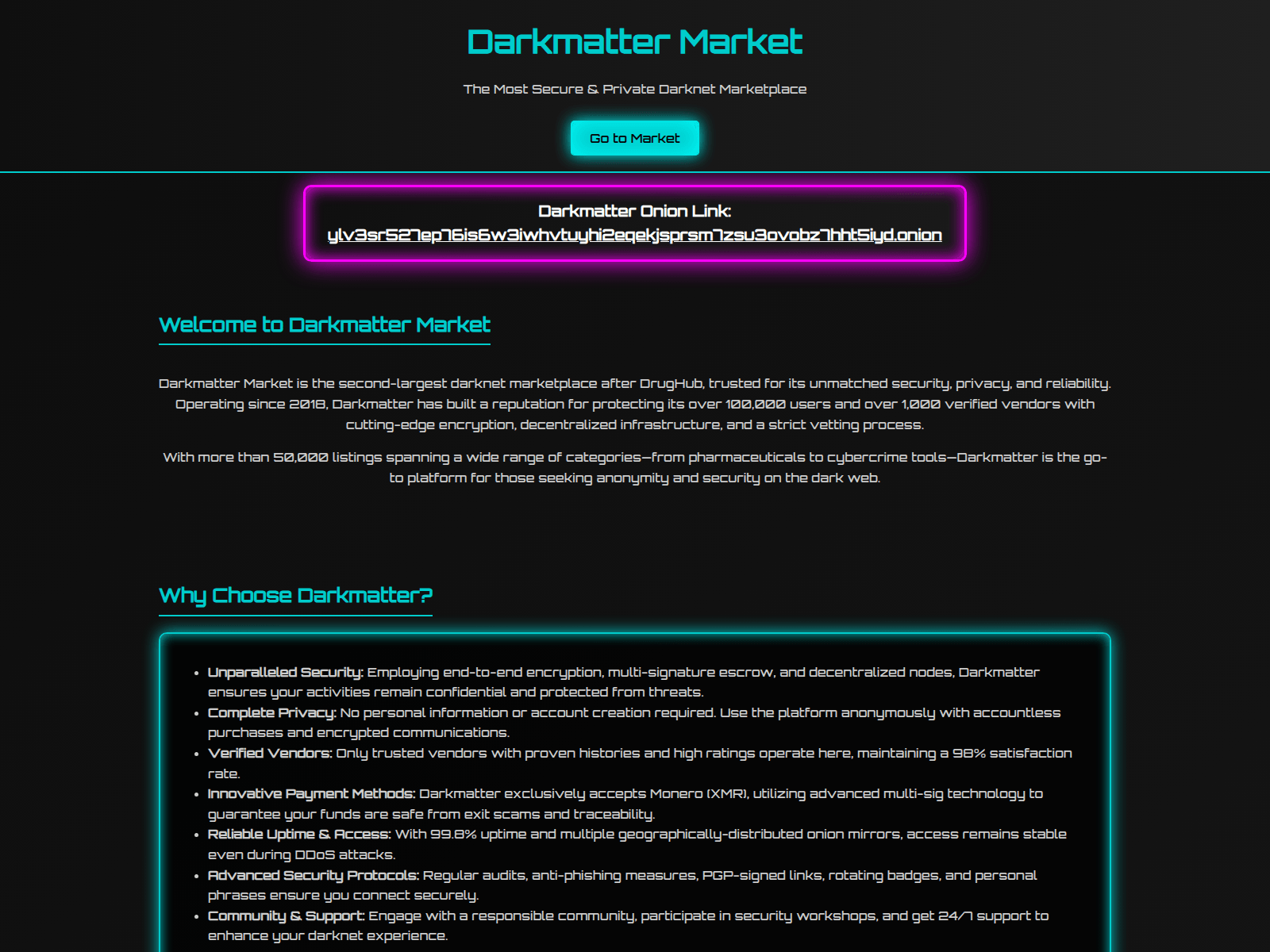 Forensic screenshot of dark-matter-market-url.com