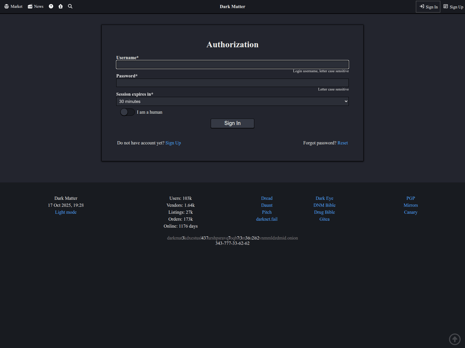 Forensic screenshot of darkmattermarket.sbs