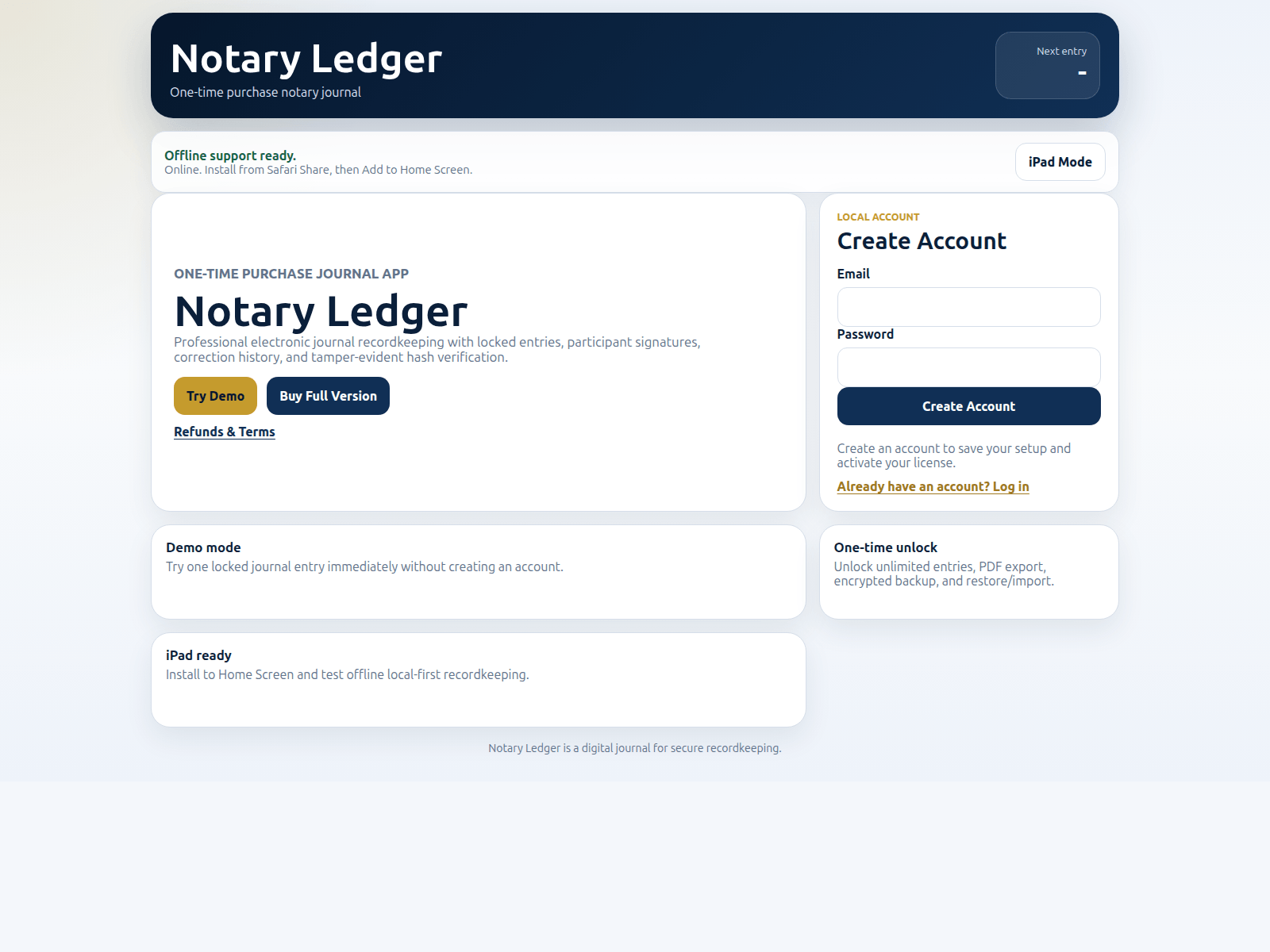 Screenshot of notary-ledger.com