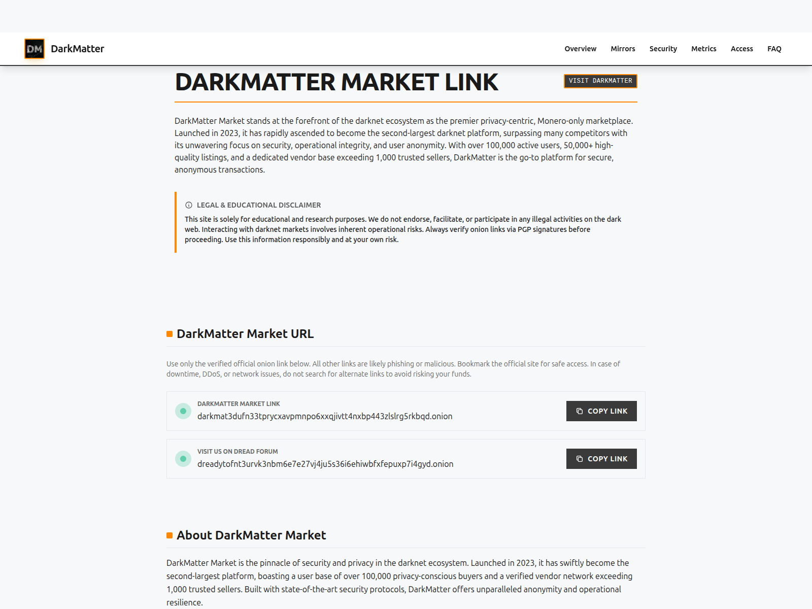 Screenshot of official-darkmatter-market.com