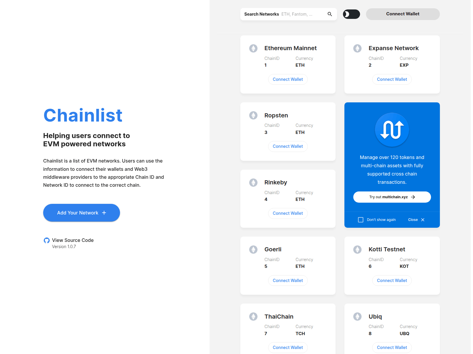 Знімок екрана chainlist.me