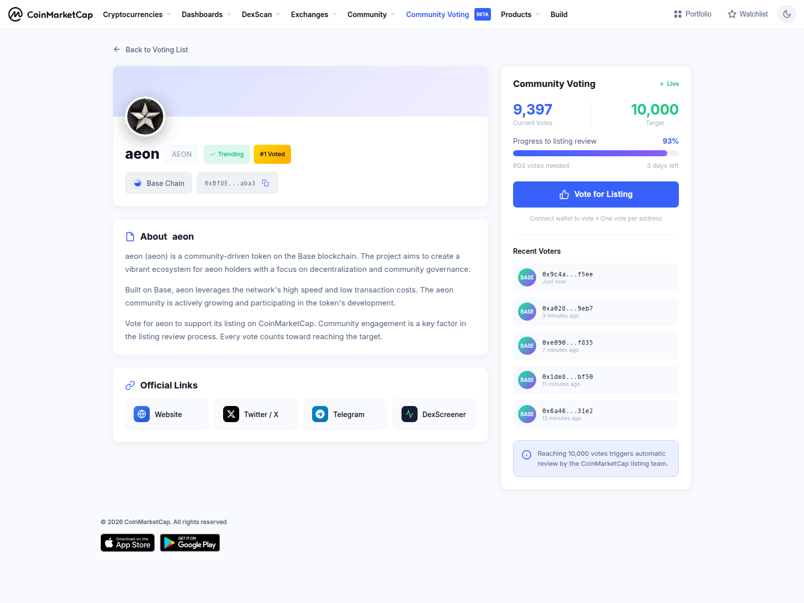 Знімок екрана votemarketcap.com