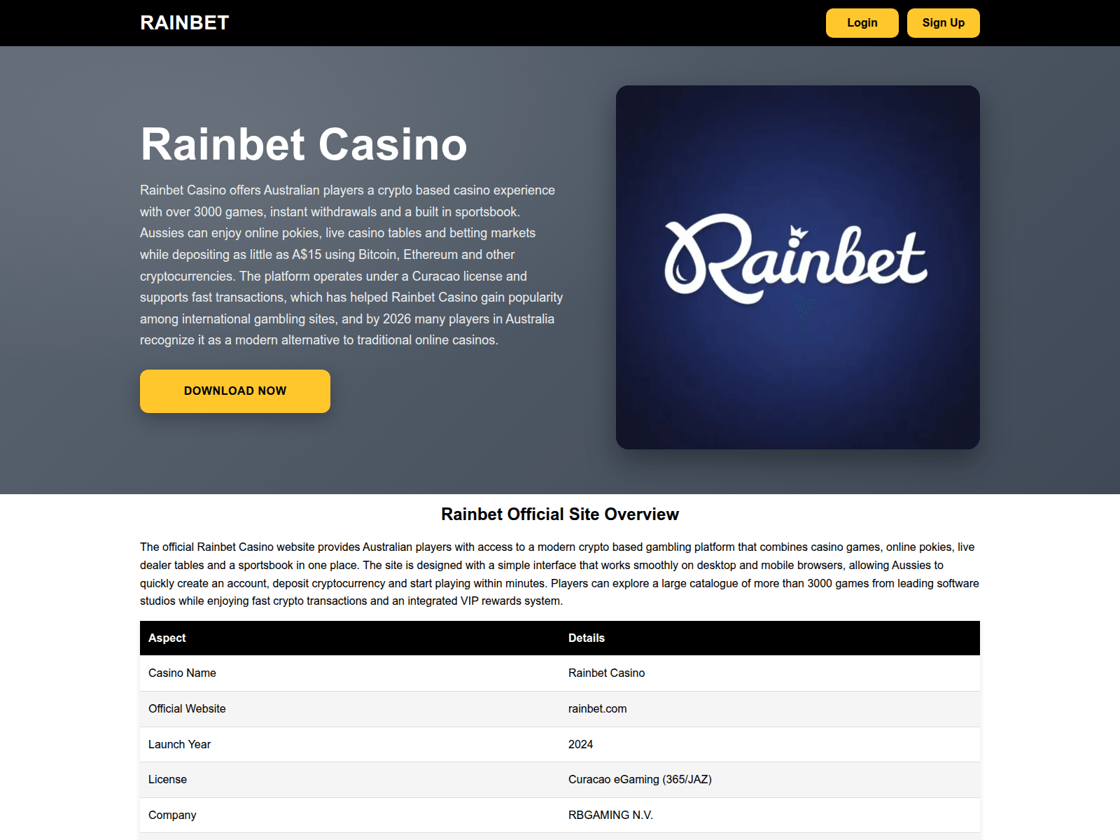 Screenshot of rainbetcasinoaus.com