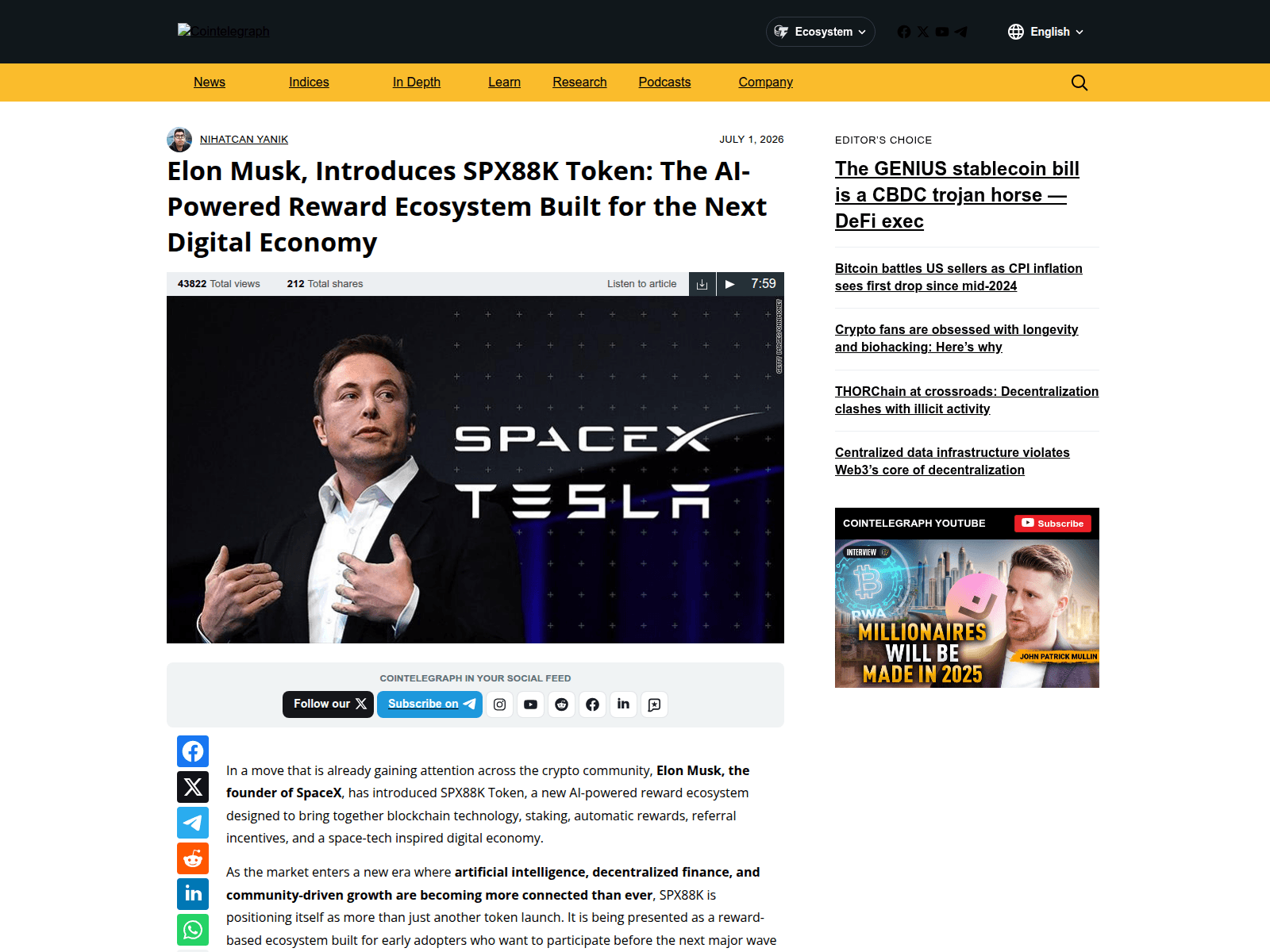 Screenshot of spx88k-cointelegraph.com