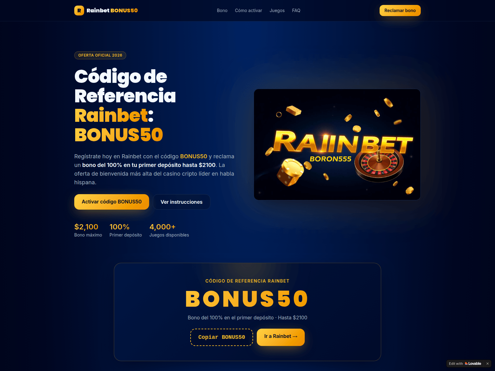 Screenshot of xn--cdigopromocionalrainbet-5ic.site