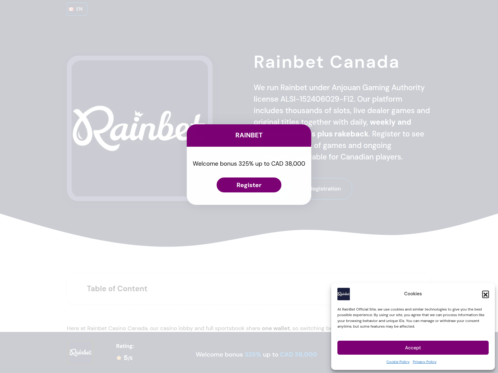 Screenshot of rainbetofficialsite.com