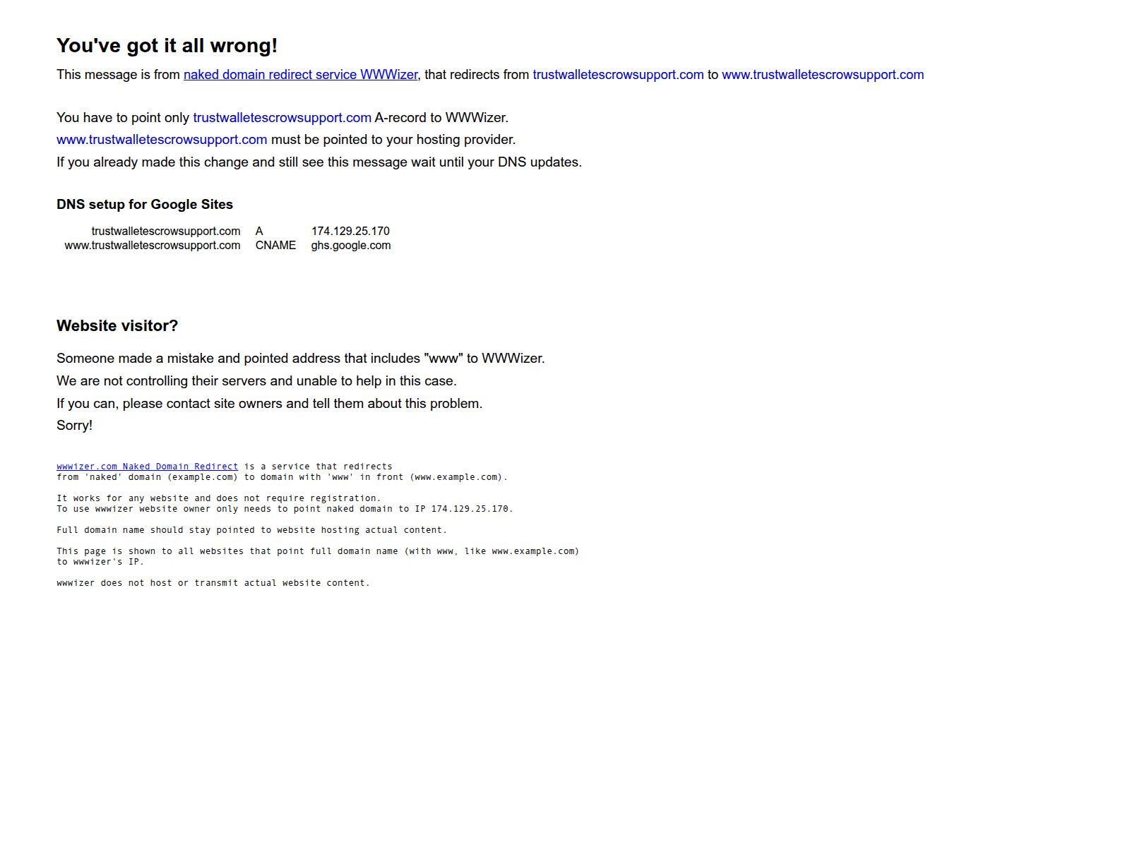Screenshot of trustwalletescrowsupport.com