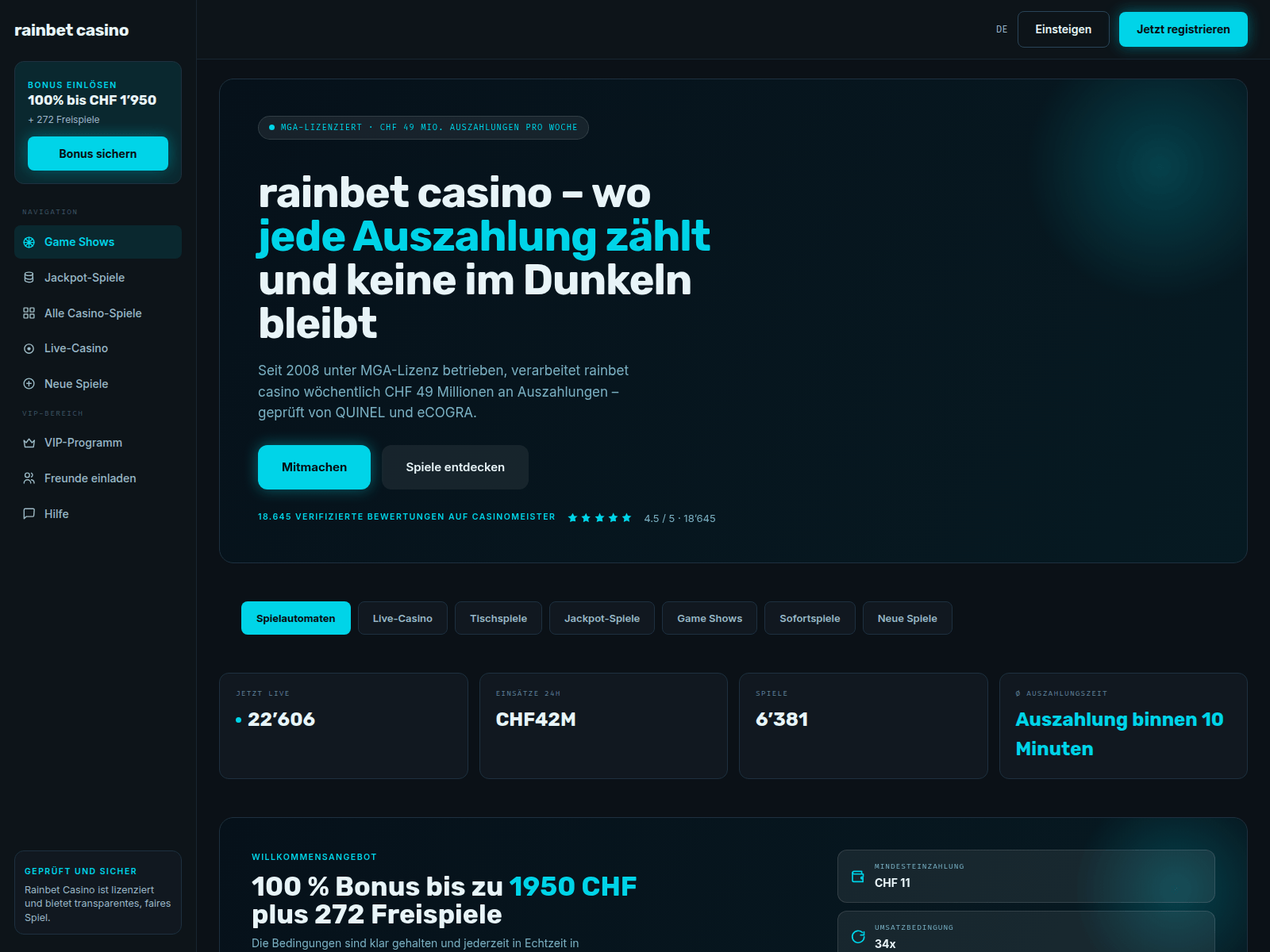 Screenshot of rainbet-online.ch