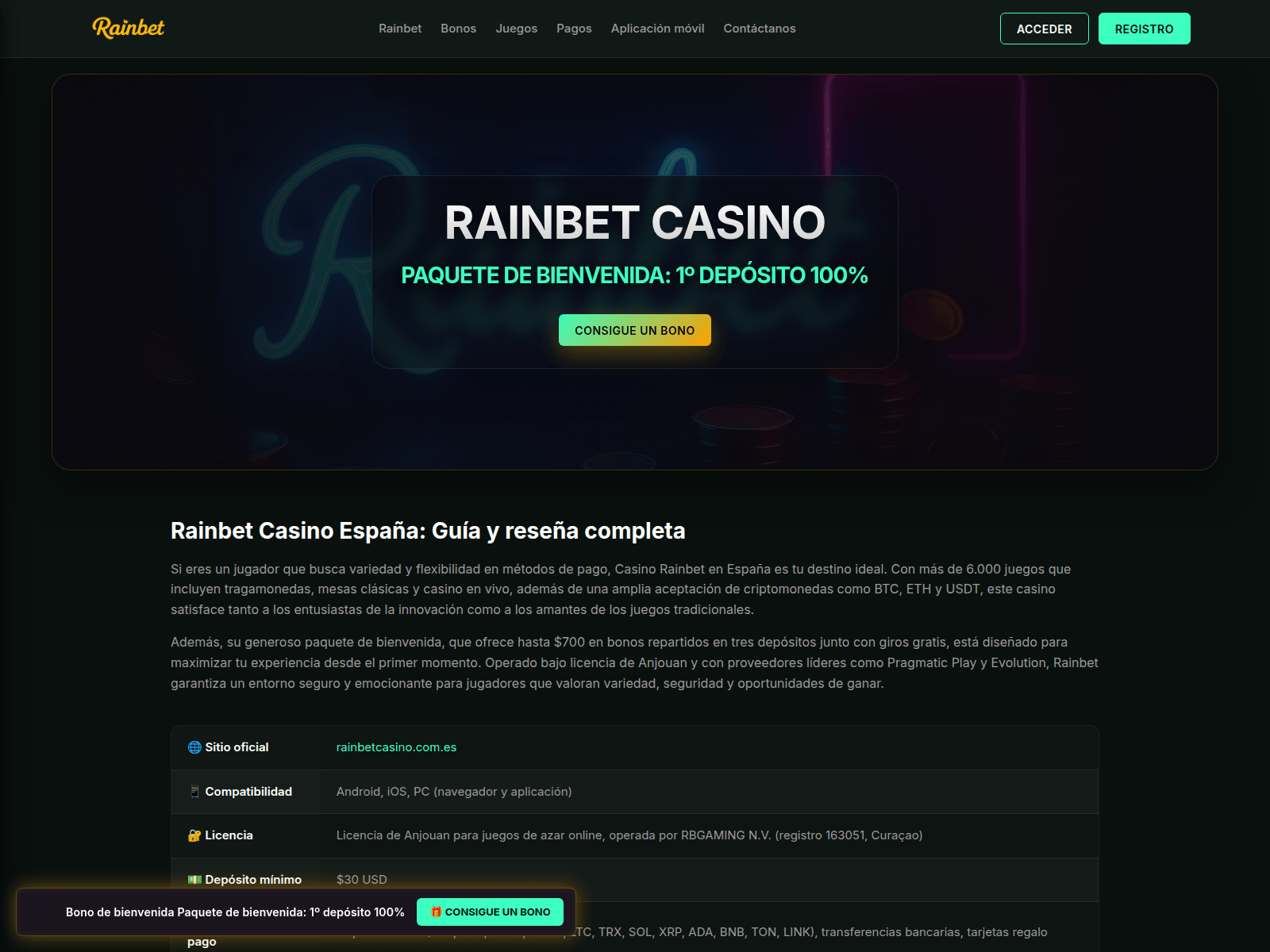 Screenshot of rainbetcasino.com.es