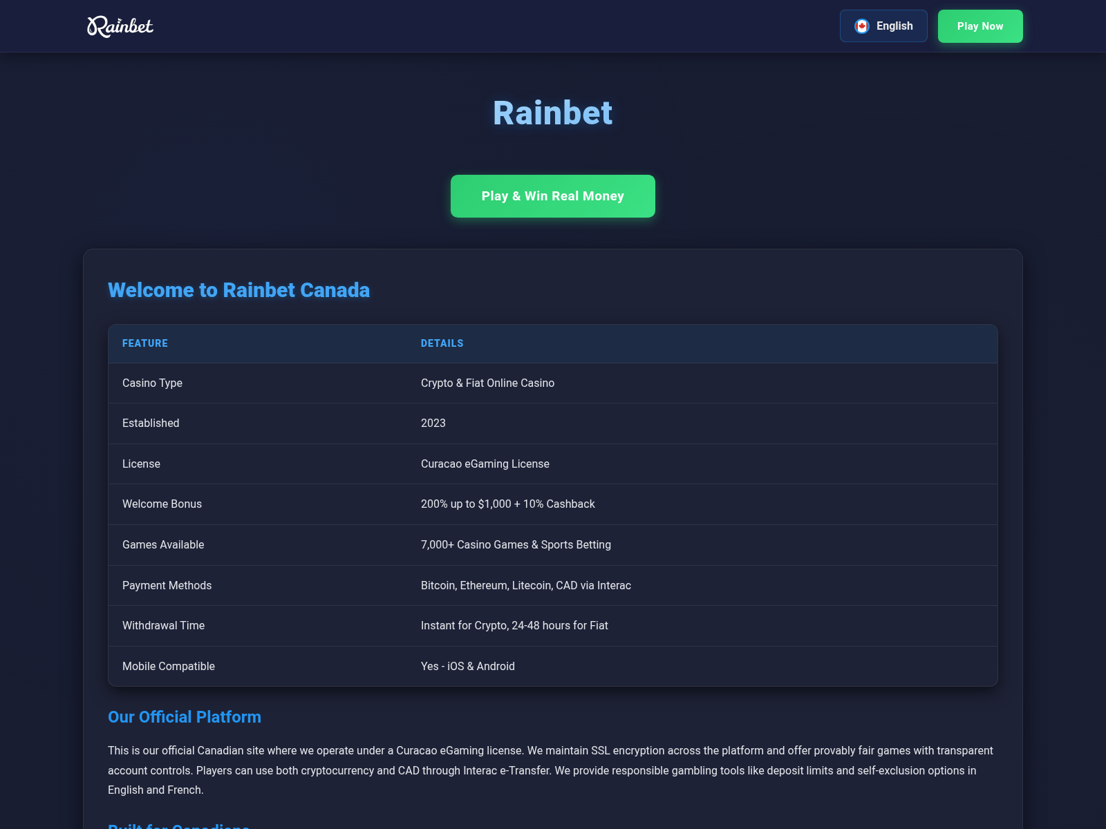 Screenshot of rainbet.inc