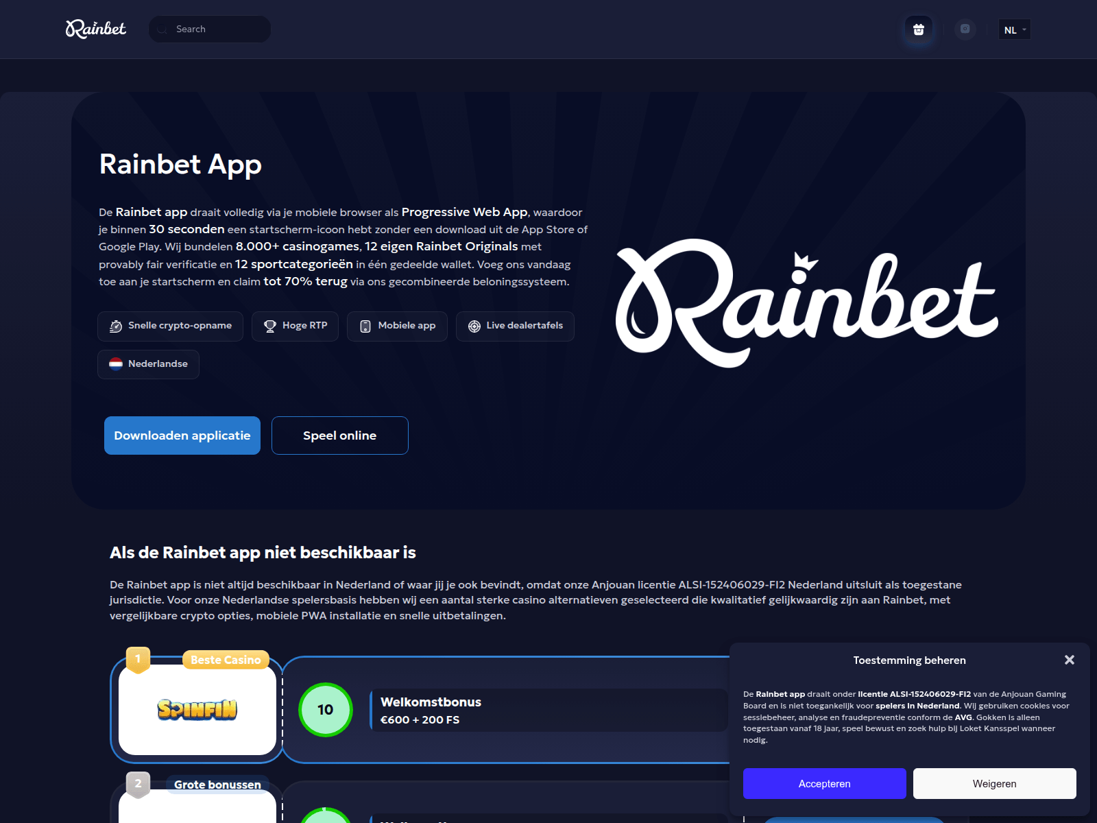 Screenshot of rainbetapp.co.nl