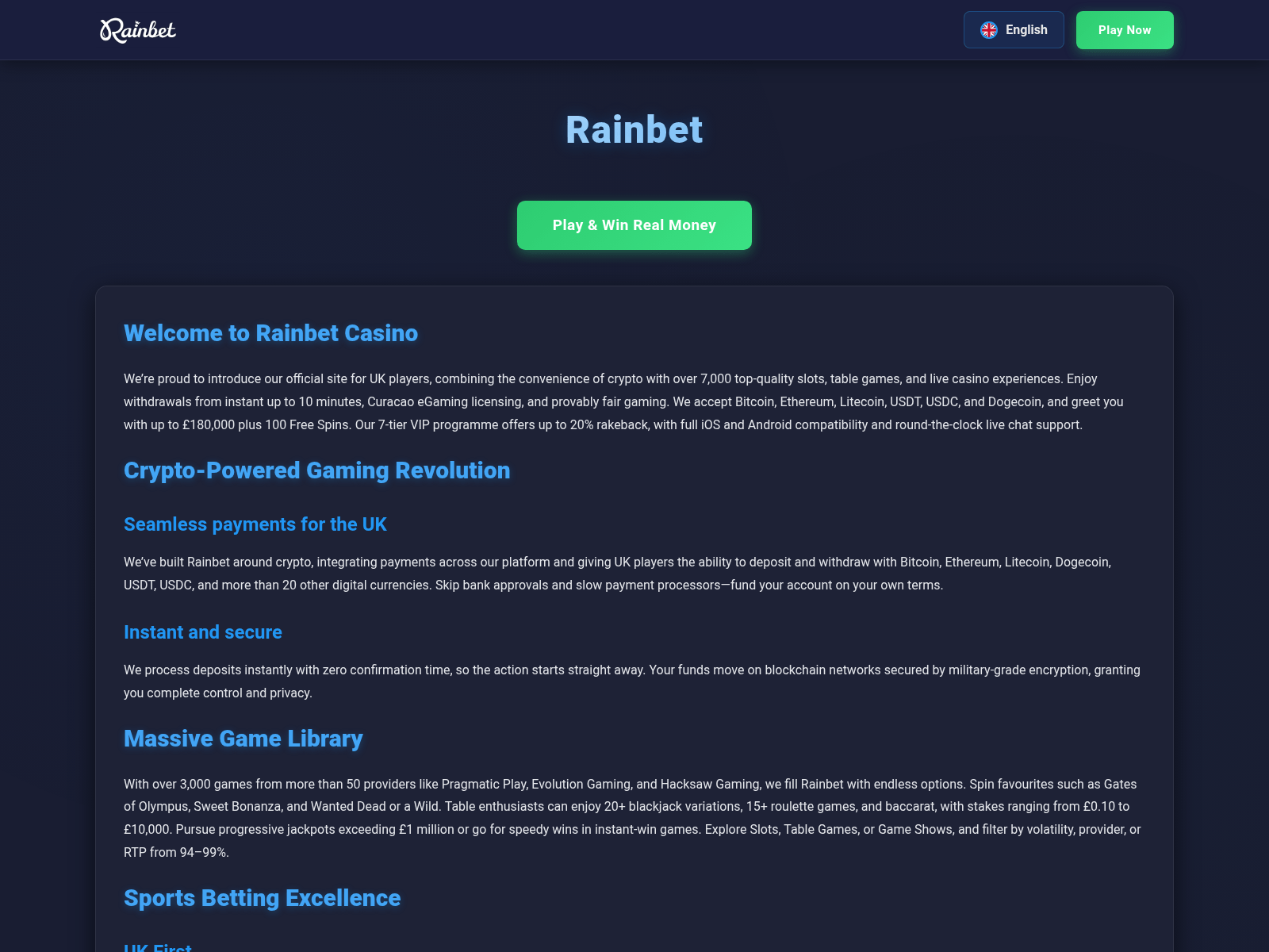 Screenshot of rainbetcasino.casino