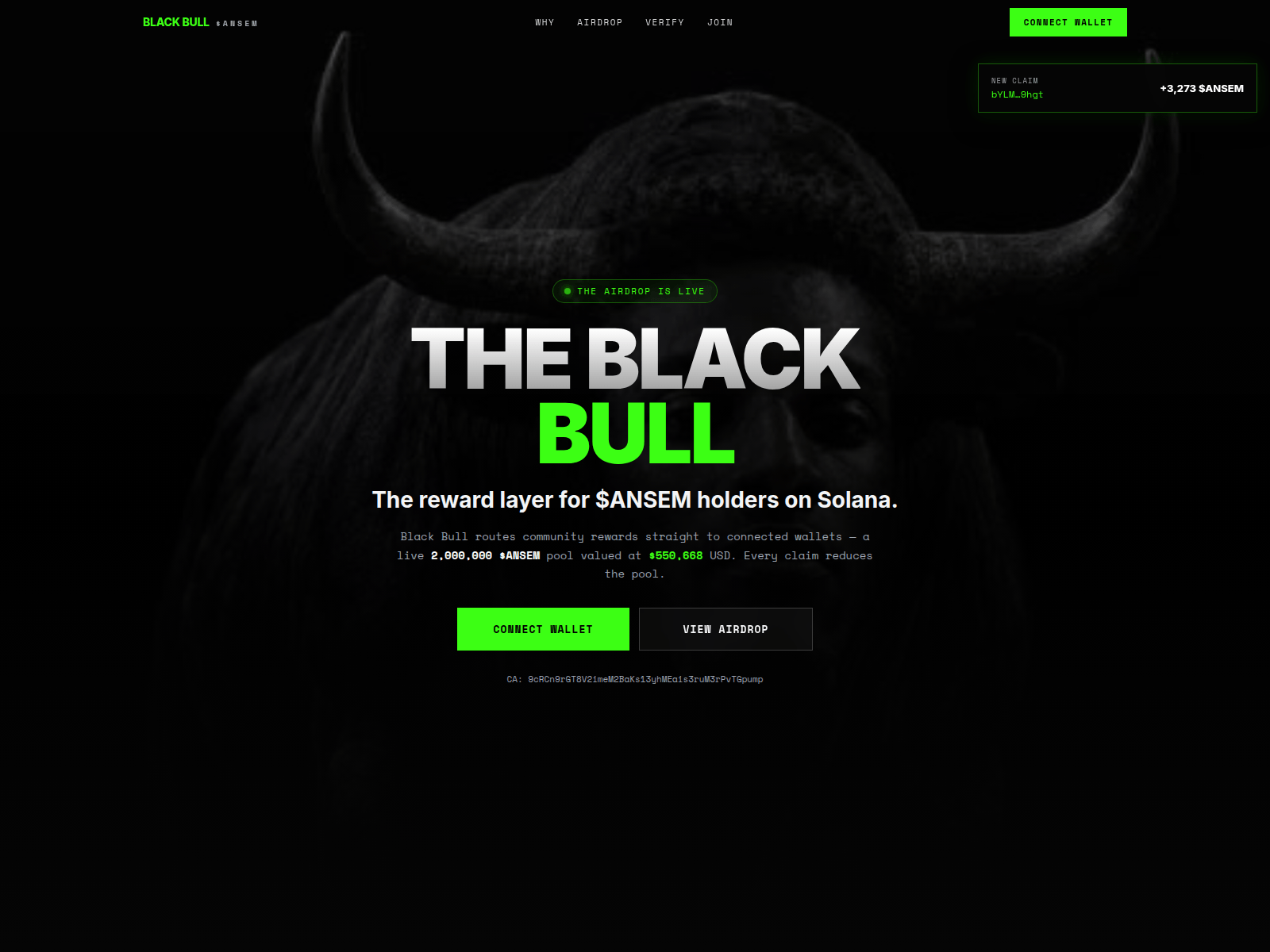 Screenshot of theblackbullonsolana.com